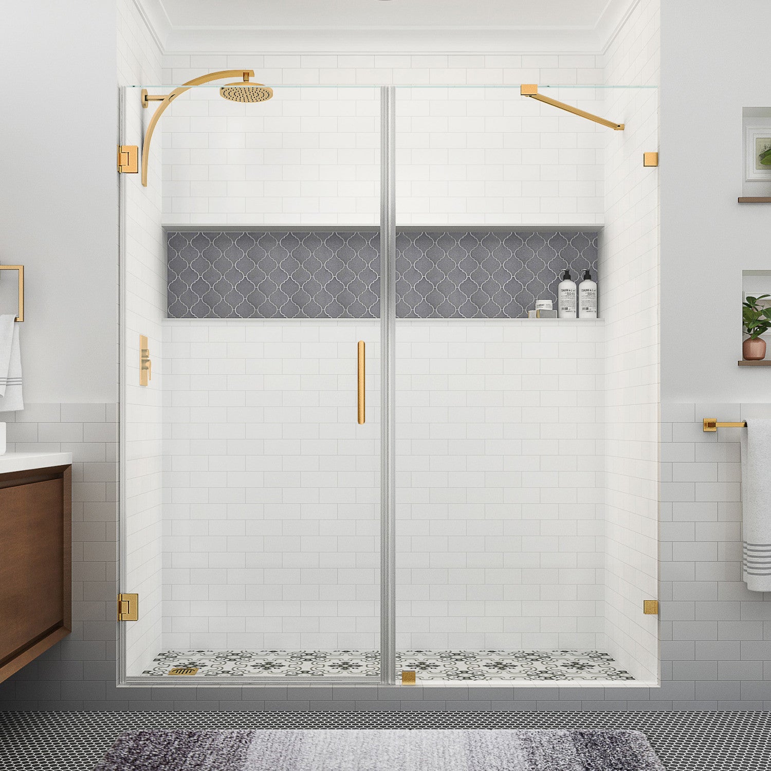 Nautis XL 74.25 in. to 75.25 in. W x 80 in. H Frameless Hinged Shower Door with Clear Glass in Brushed Gold 2