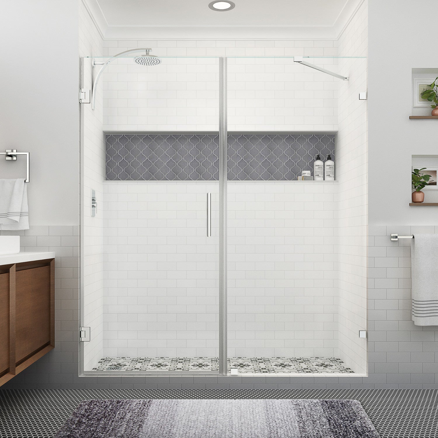 Nautis XL 74.25 in. to 75.25 in. W x 80 in. H Frameless Hinged Shower Door with Clear Glass in Chrome 2