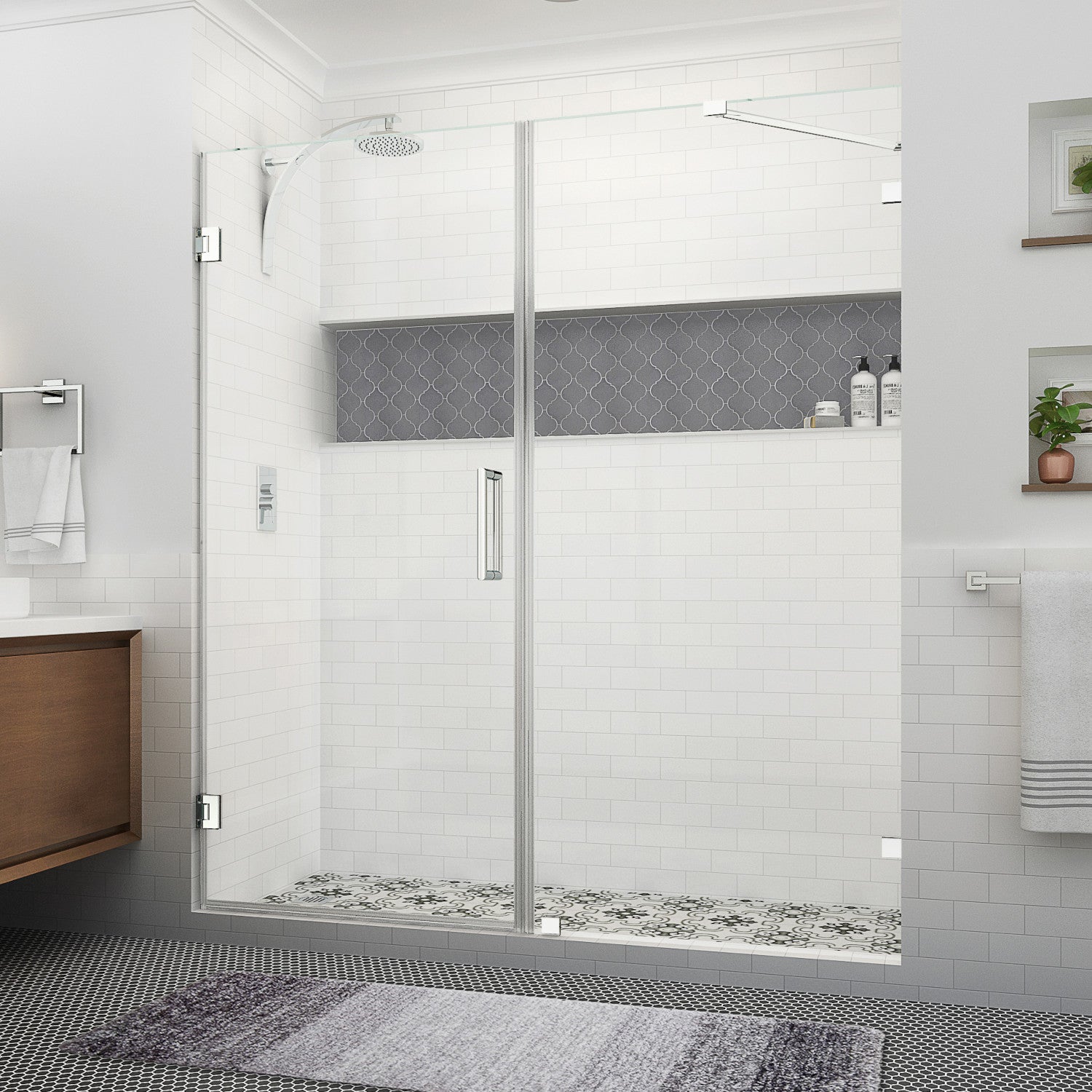 Nautis XL 75.25 in. to 76.25 in. W x 80 in. H Frameless Hinged Shower Door with Clear Glass in Chrome (38 in. Door and 38 in. Fixed Panel) 1