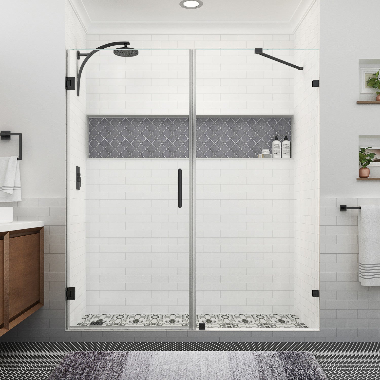 Nautis XL 70.25 in. to 71.25 in. W x 80 in. H Frameless Hinged Shower Door with Clear Glass in Matte Black (37 in. Door and 34 in. Fixed Panel) 2