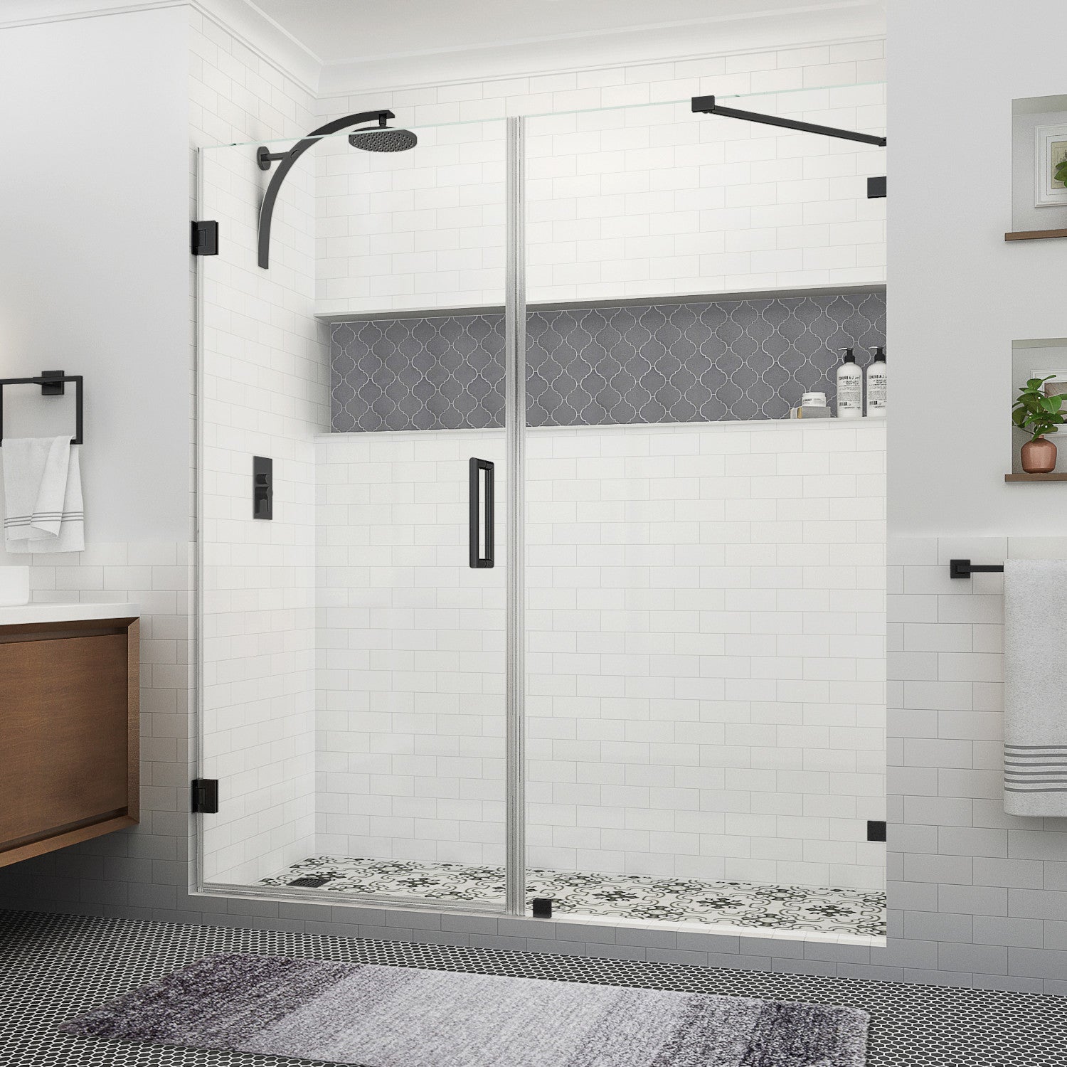 Nautis XL 75.25 in. to 76.25 in. W x 80 in. H Frameless Hinged Shower Door with Clear Glass in Matte Black (38 in. Door and 38 in. Fixed Panel) 1
