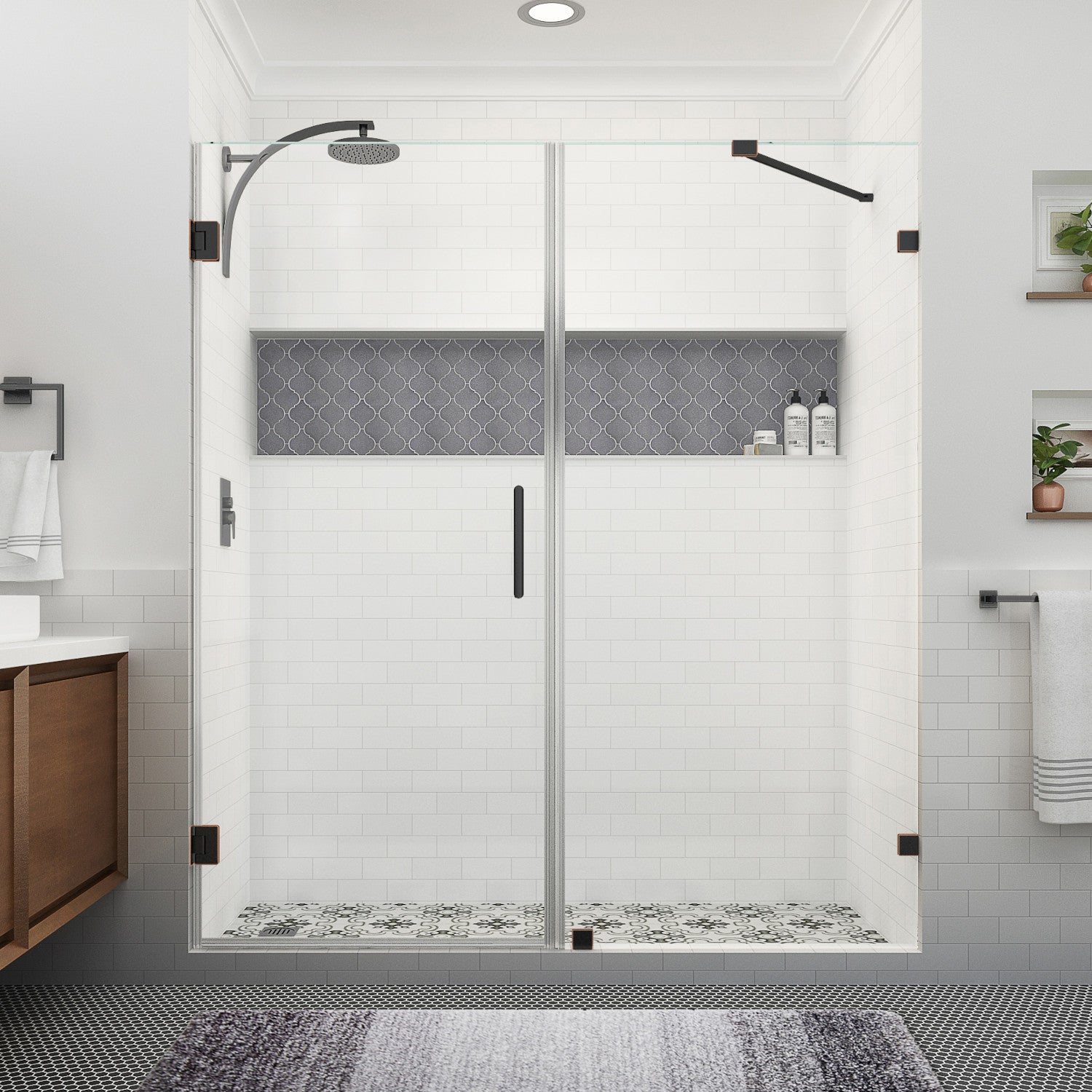 Nautis XL 75.25 in. to 76.25 in. W x 80 in. H Frameless Hinged Shower Door with Clear Glass in Oil Rubbed Bronze (38 in. Door and 38 in. Fixed Panel) 2