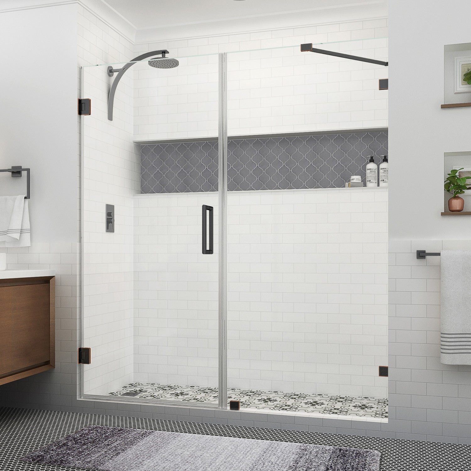 Nautis XL 74.25 in. to 75.25 in. W x 80 in. H Frameless Hinged Shower Door with Clear Glass in Oil Rubbed Bronze 1