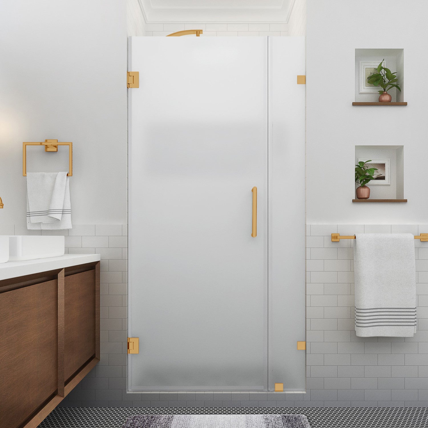 Nautis XL 47.25 in. to 48.25 in. W x 80 in. H Frameless Hinged Shower Door with Ultra-Bright Frosted Glass in Brushed Gold 2