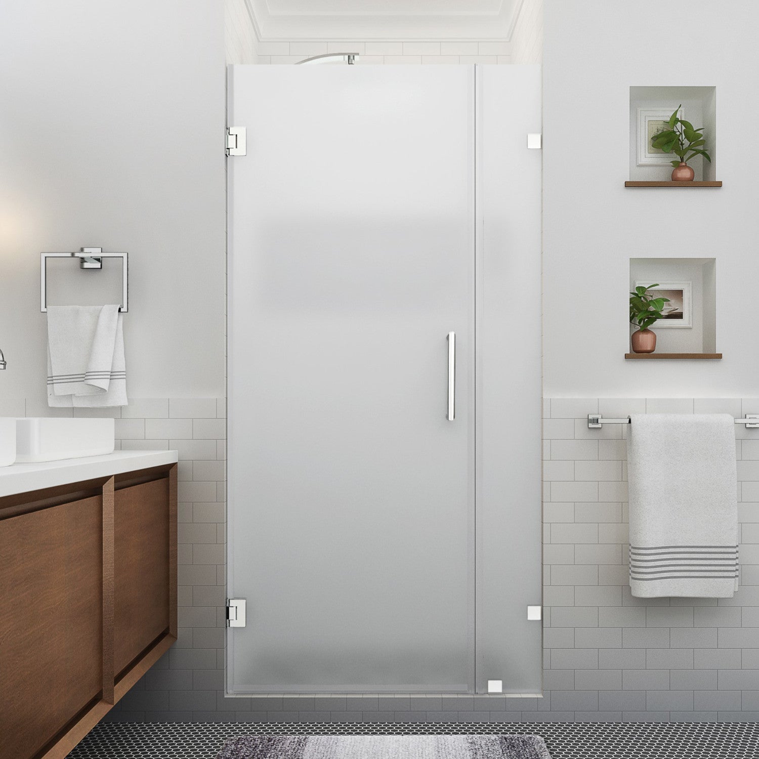 Nautis XL 44.25 in. to 45.25 in. W x 80 in. H Frameless Hinged Shower Door with Ultra-Bright Frosted Glass in Chrome (35 in. Door and 10 in. Fixed Panel) 2