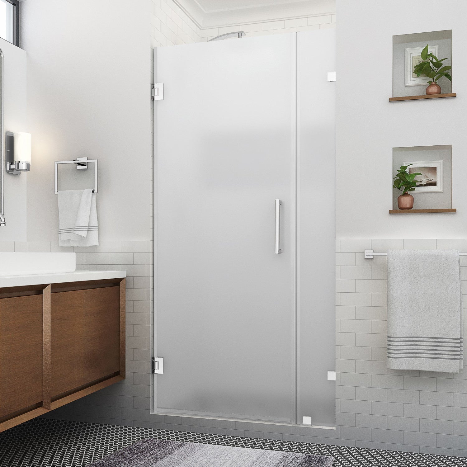 Nautis XL 47.25 in. to 48.25 in. W x 80 in. H Frameless Hinged Shower Door with Ultra-Bright Frosted Glass in Chrome 1