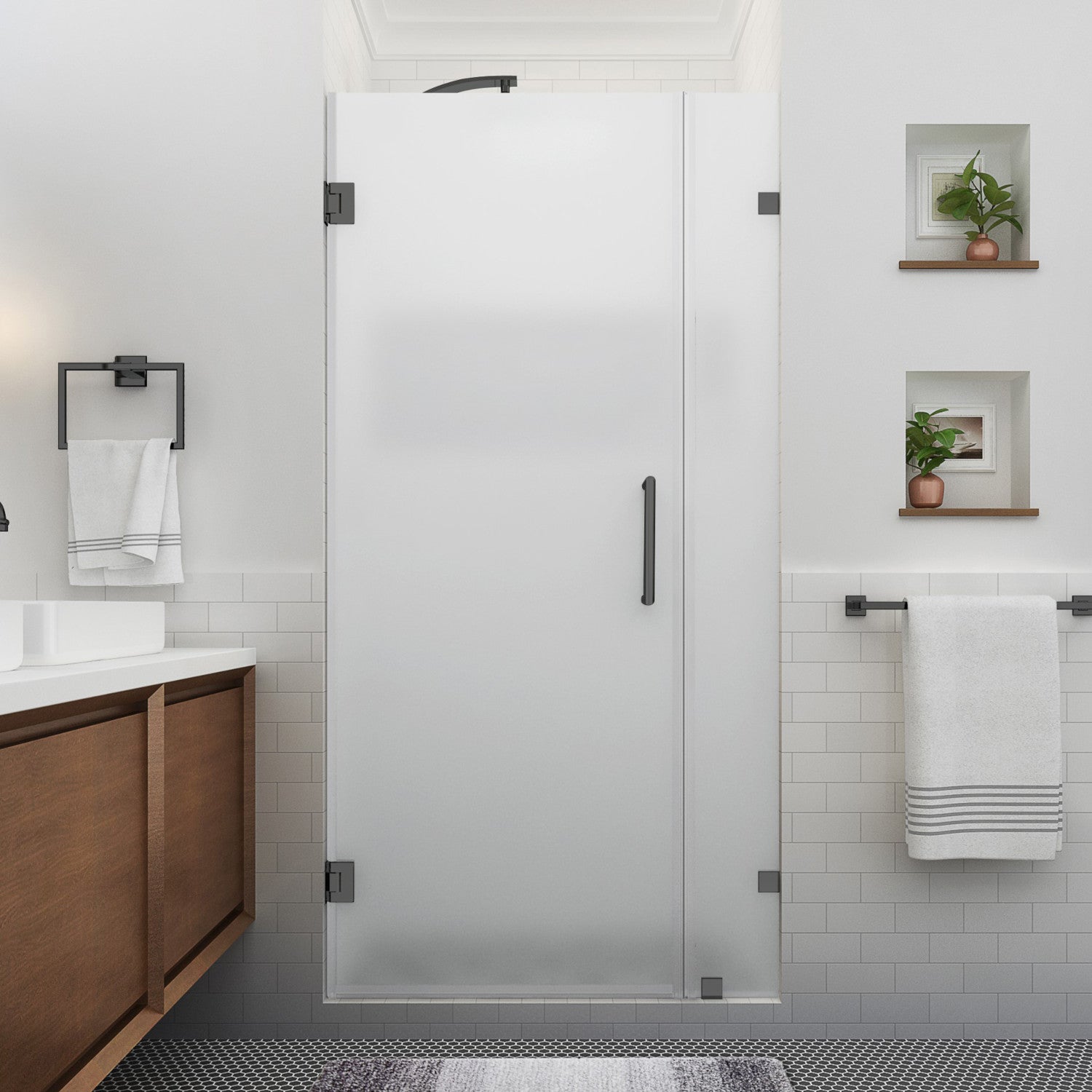 Nautis XL 45.25 in. to 46.25 in. W x 80 in. H Frameless Hinged Shower Door with Ultra-Bright Frosted Glass in Matte Black (36 in. Door and 10 in. Fixed Panel) 2