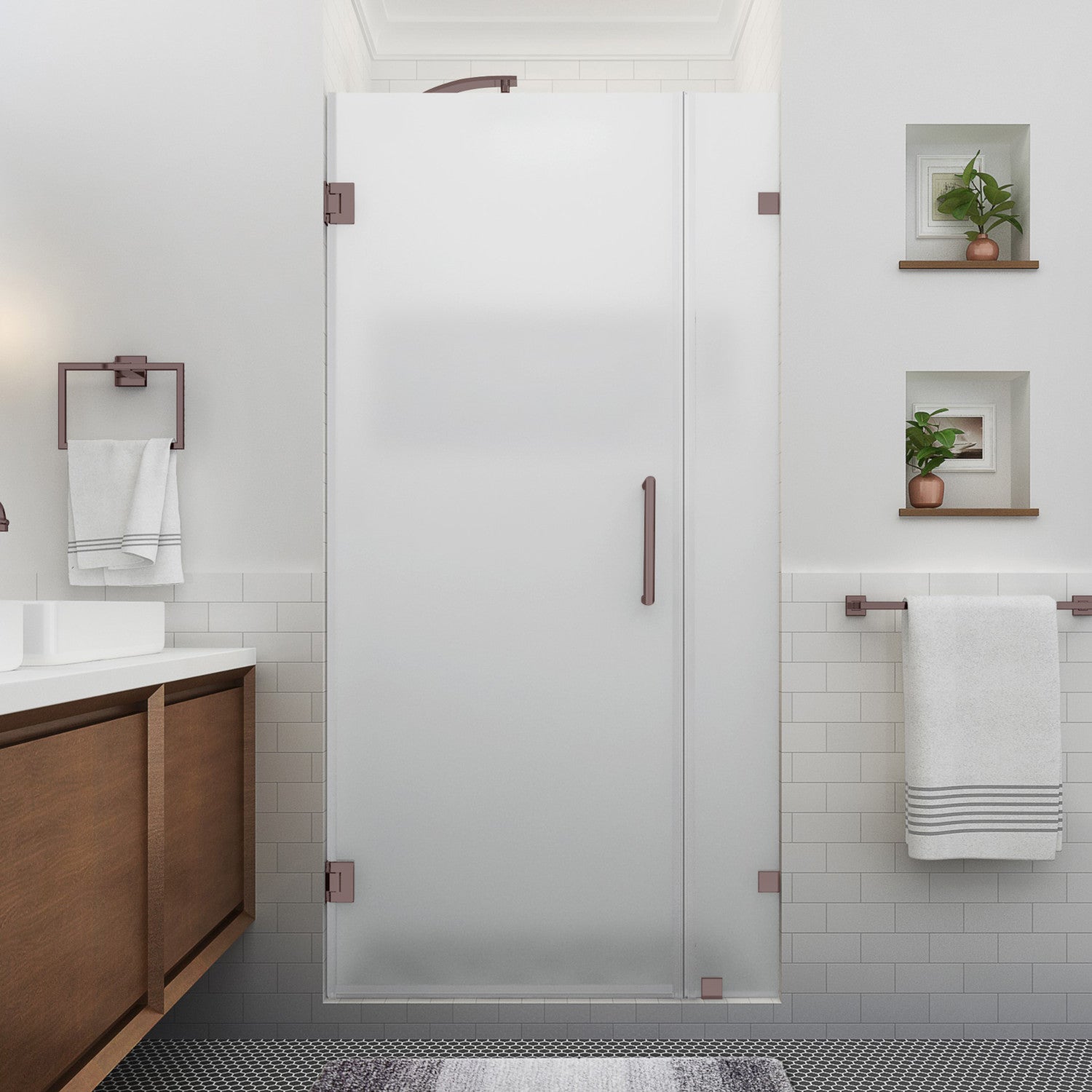 Nautis XL 47.25 in. to 48.25 in. W x 80 in. H Frameless Hinged Shower Door with Ultra-Bright Frosted Glass in Bronze 2