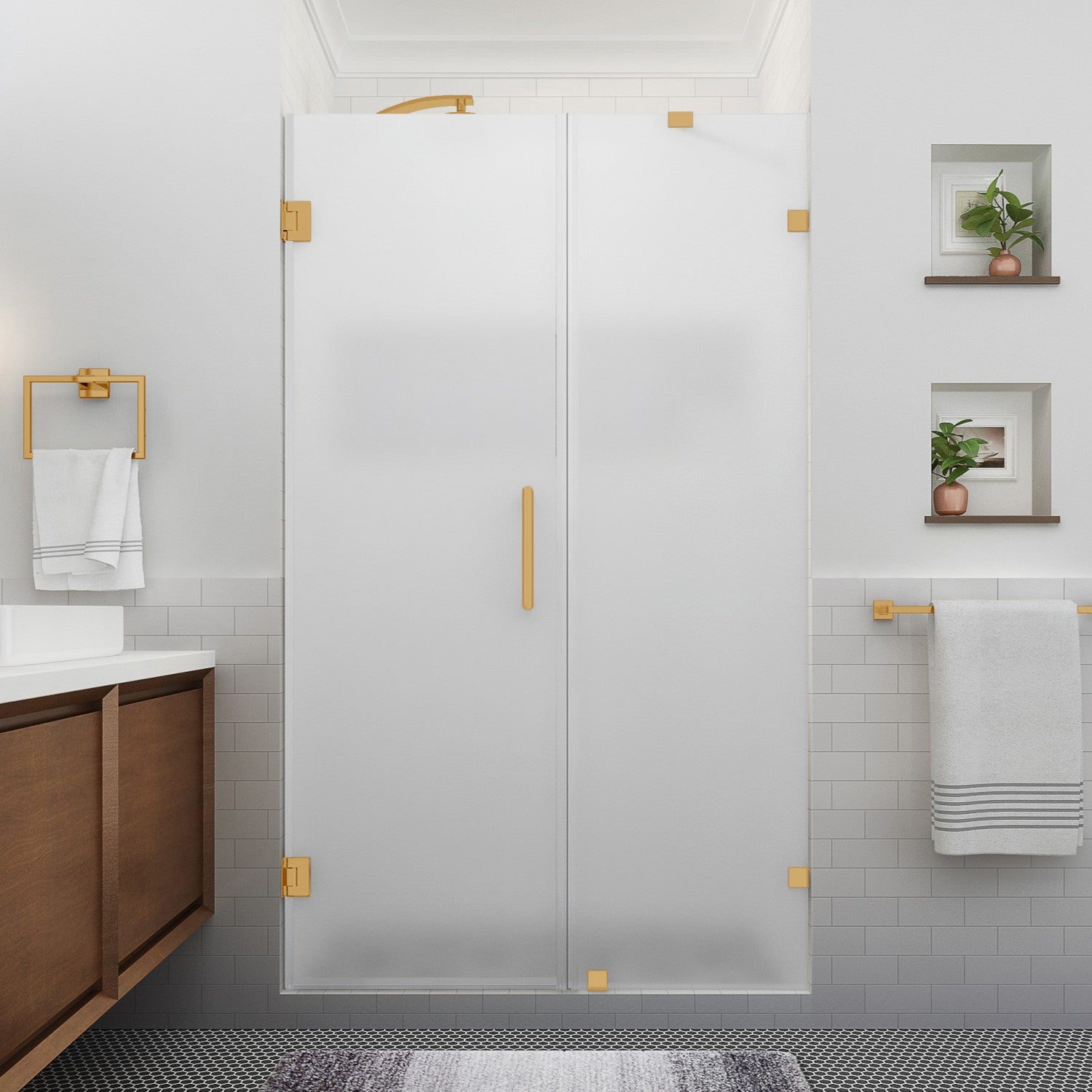 Nautis XL 61.25 in. to 62.25 in. W x 80 in. H Frameless Hinged Shower Door with Ultra-Bright Frosted Glass in Brushed Gold 2