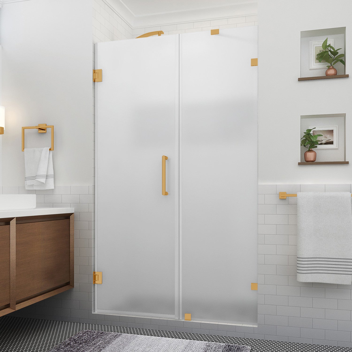 Nautis XL 61.25 in. to 62.25 in. W x 80 in. H Frameless Hinged Shower Door with Ultra-Bright Frosted Glass in Brushed Gold 1