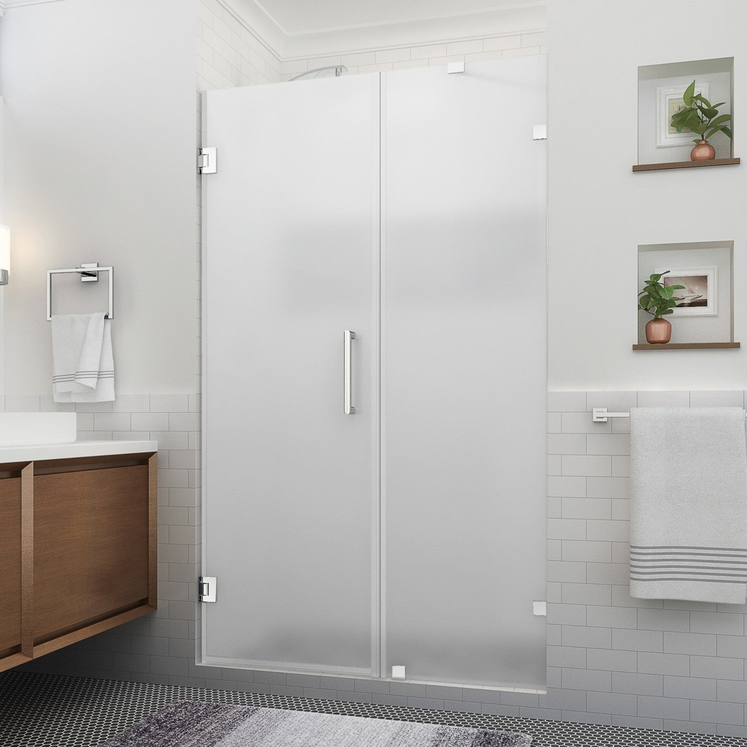 Nautis XL 53.25 in. to 54.25 in. W x 80 in. H Frameless Hinged Shower Door with Ultra-Bright Frosted Glass in Chrome (32 in. Door and 22 in. Fixed Panel) 1