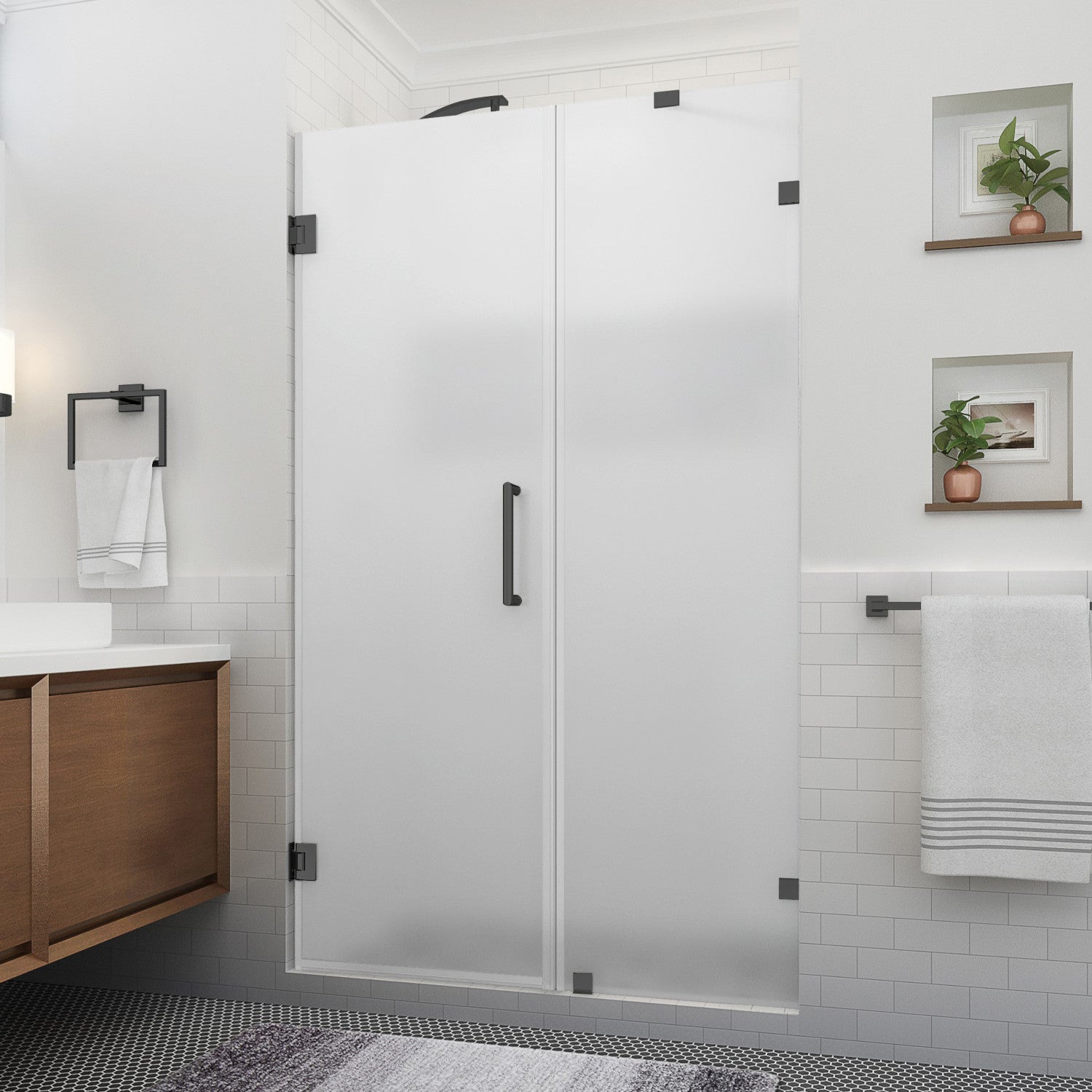 Nautis XL 59.25 in. to 60.25 in. W x 80 in. H Frameless Hinged Shower Door with Ultra-Bright Frosted Glass in Matte Black (38 in. Door and 22 in. Fixed Panel) 1