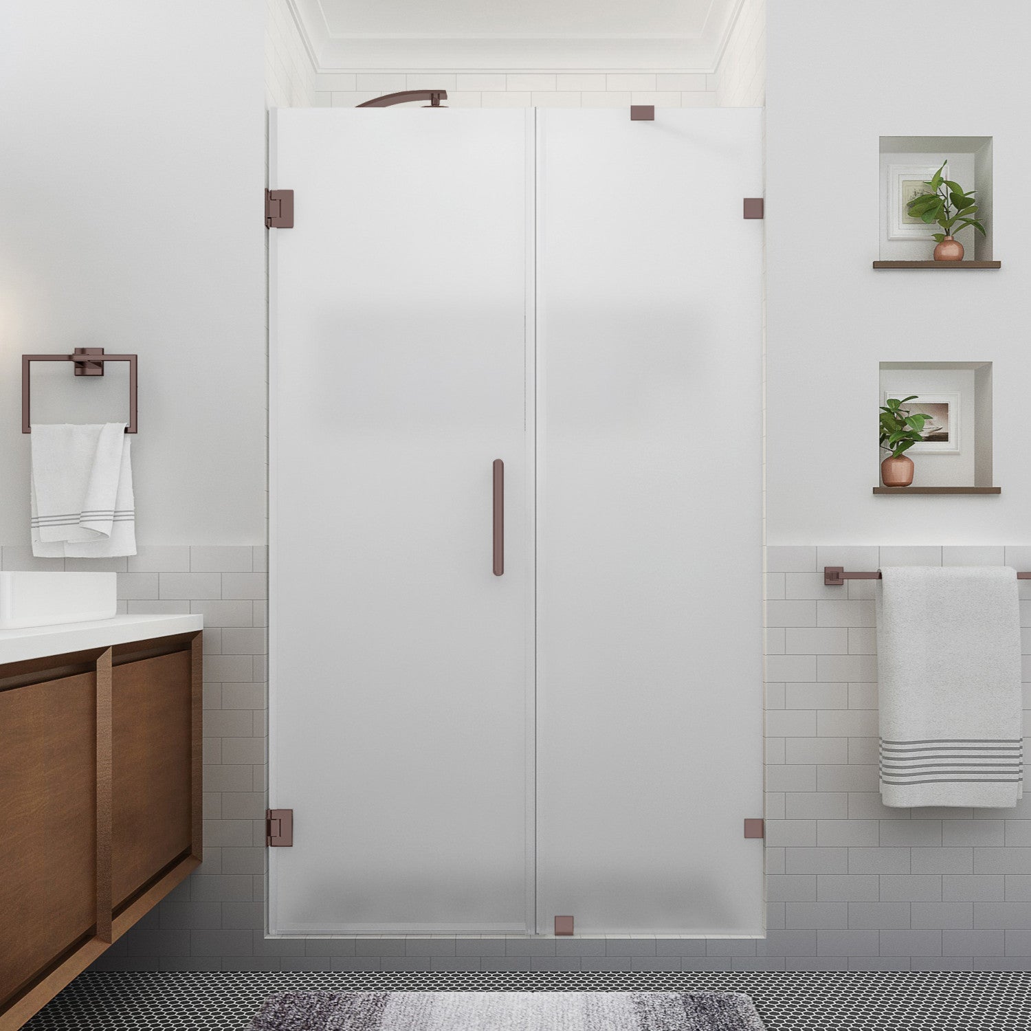 Nautis XL 48.25 in. to 49.25 in. W x 80 in. H Frameless Hinged Shower Door with Ultra-Bright Frosted Glass in Bronze (27 in. Door and 22 in. Fixed Panel) 2