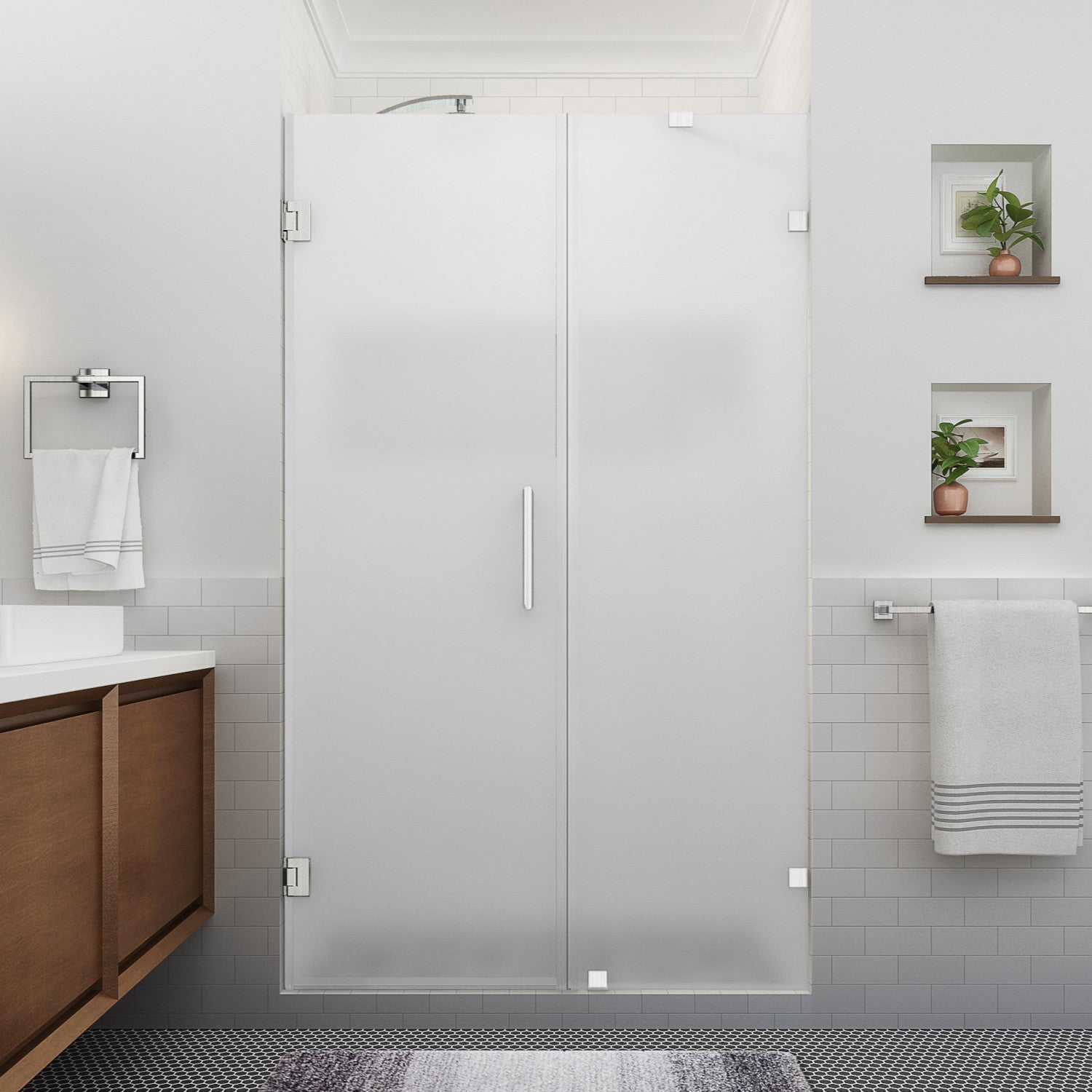 Nautis XL 59.25 in. to 60.25 in. W x 80 in. H Frameless Hinged Shower Door with Ultra-Bright Frosted Glass in Stainless Steel 2