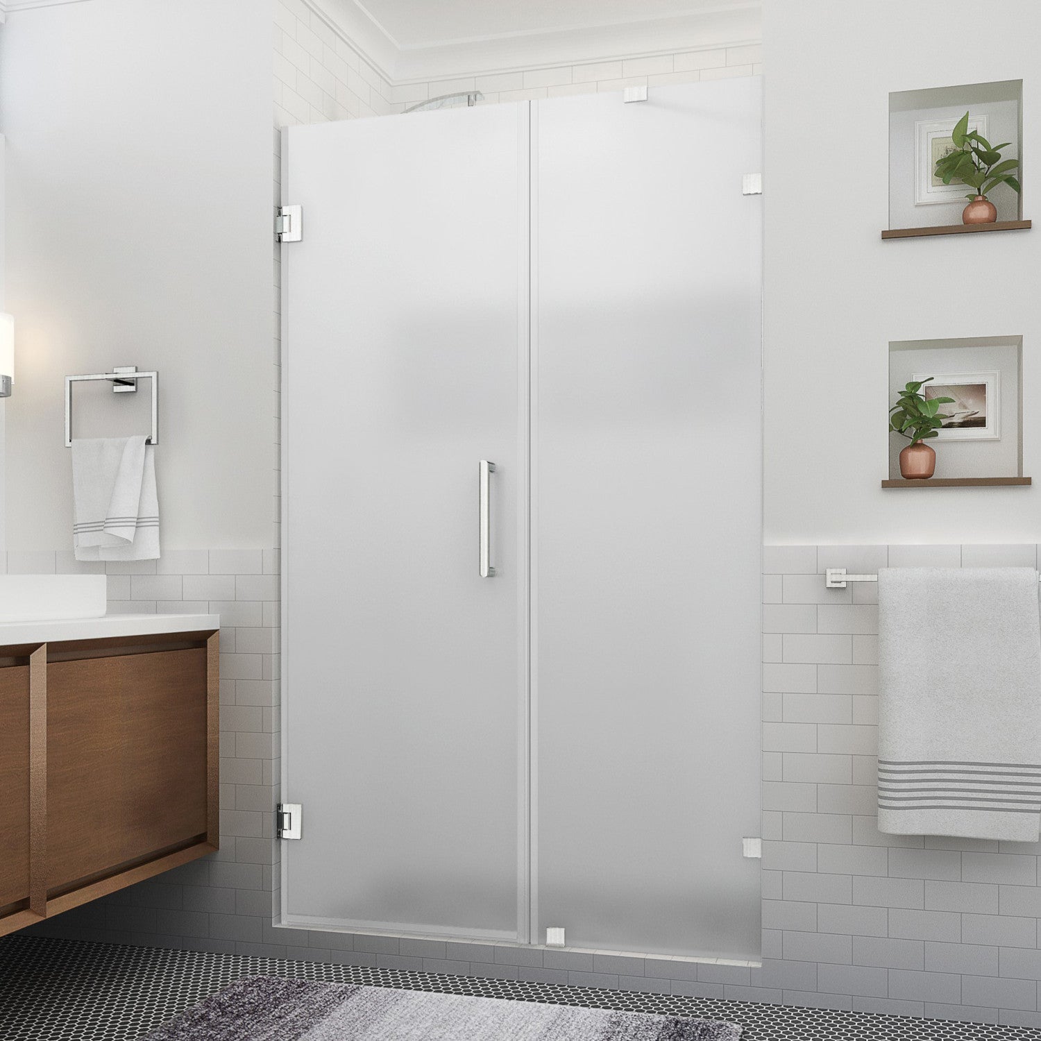 Nautis XL 58.25 in. to 59.25 in. W x 80 in. H Frameless Hinged Shower Door with Ultra-Bright Frosted Glass in Stainless Steel (37 in. Door and 22 in. Fixed Panel) 1