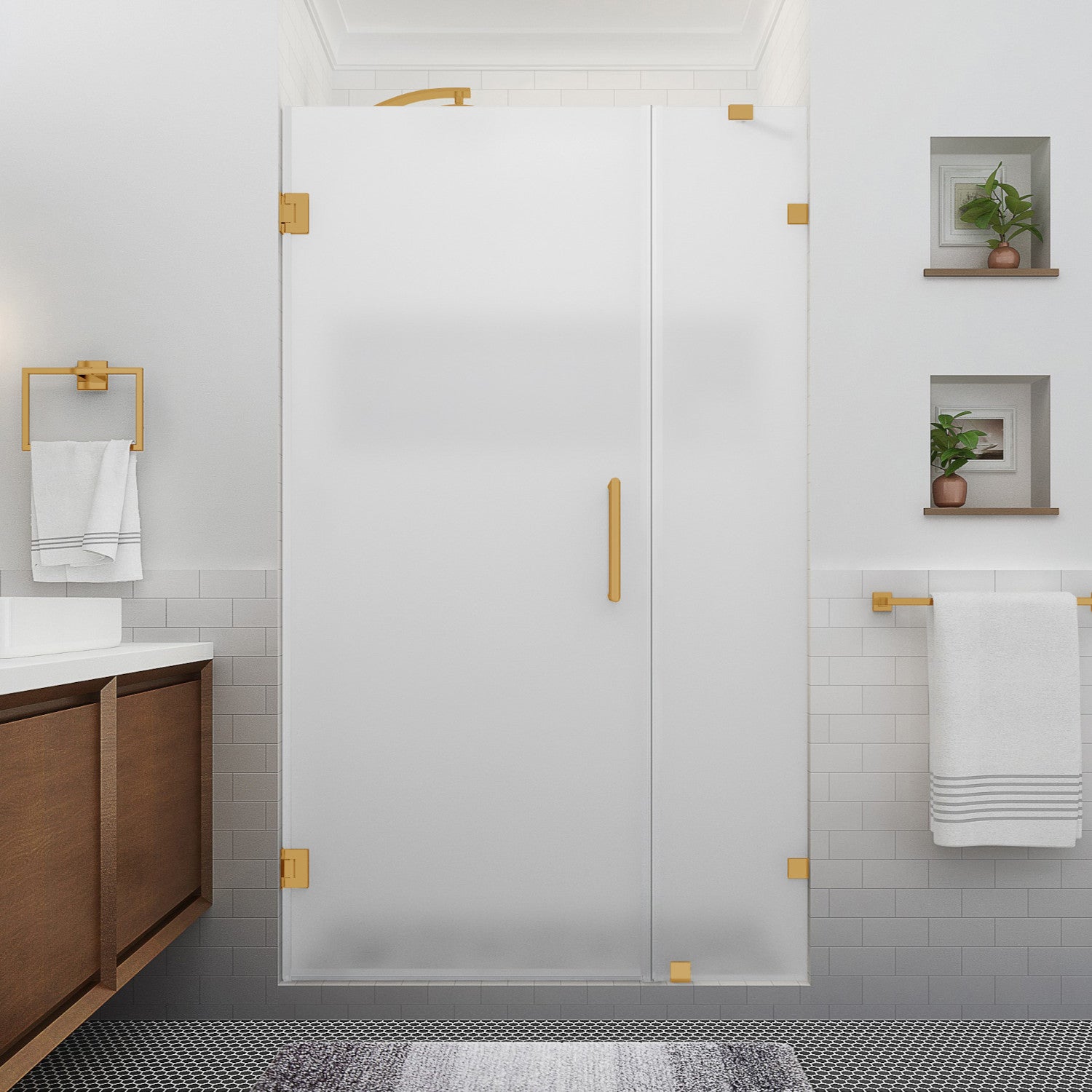 Nautis XL 51.25 in. to 52.25 in. W x 80 in. H Frameless Hinged Shower Door with Ultra-Bright Frosted Glass in Brushed Gold 2