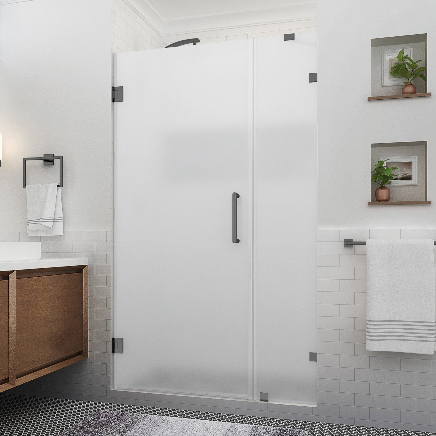 Nautis XL 49.25 in. to 50.25 in. W x 80 in. H Frameless Hinged Shower Door with Ultra-Bright Frosted Glass in Matte Black (36 in. Door and 14 in. Fixed Panel) 1