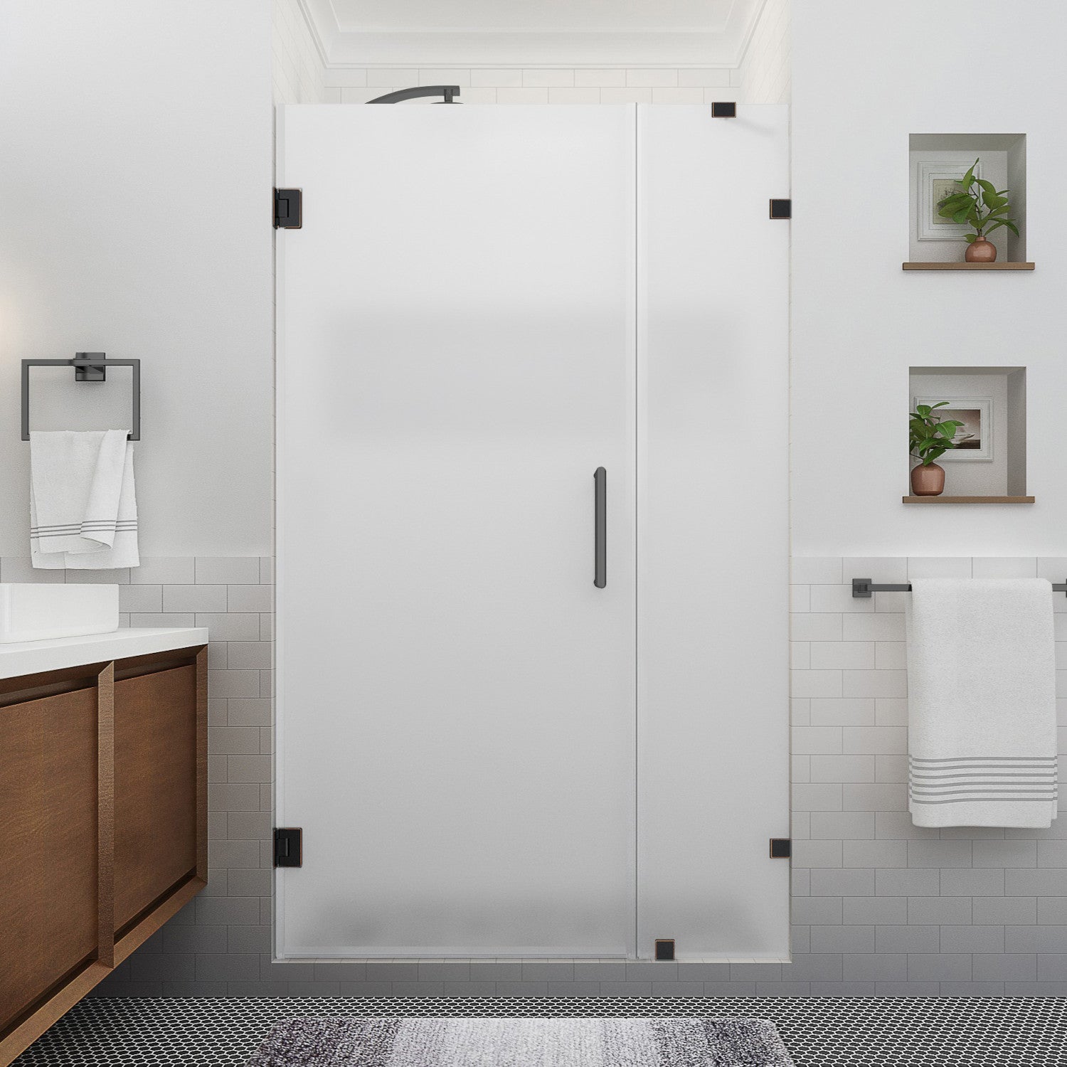 Nautis XL 38.25 in. to 39.25 in. W x 80 in. H Frameless Hinged Shower Door with Ultra-Bright Frosted Glass in Oil Rubbed Bronze (25 in. Door and 14 in. Fixed Panel) 2
