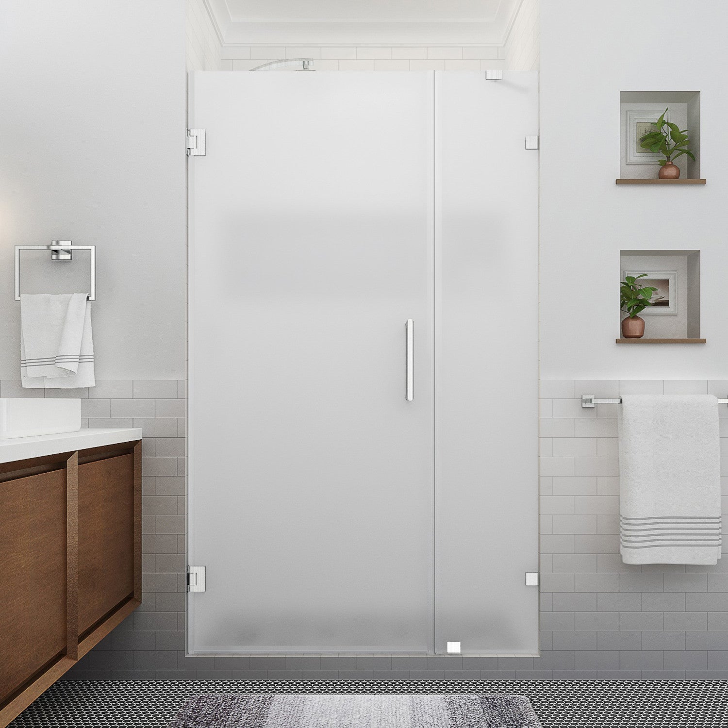 Nautis XL 51.25 in. to 52.25 in. W x 80 in. H Frameless Hinged Shower Door with Ultra-Bright Frosted Glass in Stainless Steel 2