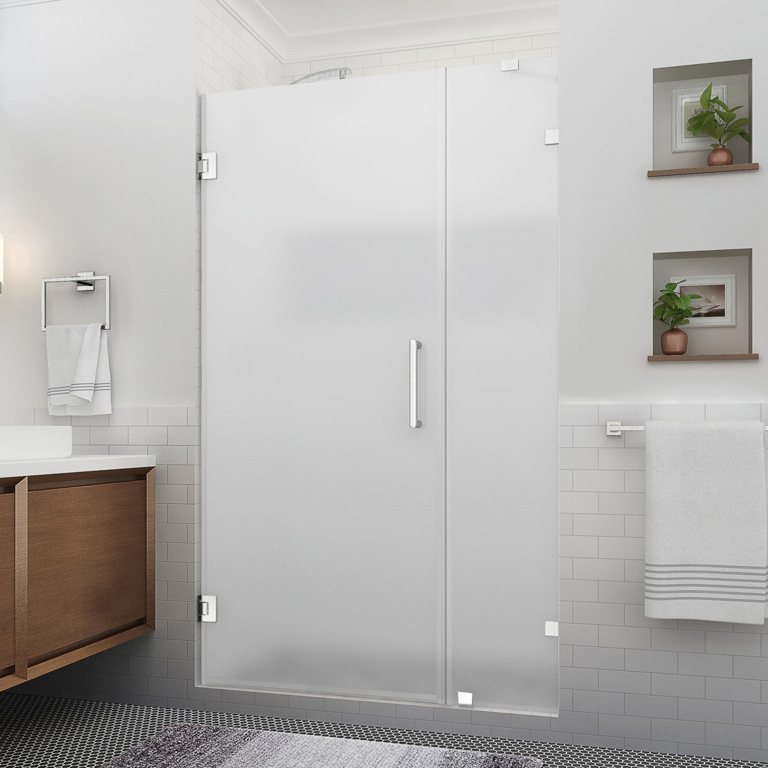 Nautis XL 48.25 in. to 49.25 in. W x 80 in. H Frameless Hinged Shower Door with Ultra-Bright Frosted Glass in Stainless Steel (35 in. Door and 14 in. Fixed Panel) 1