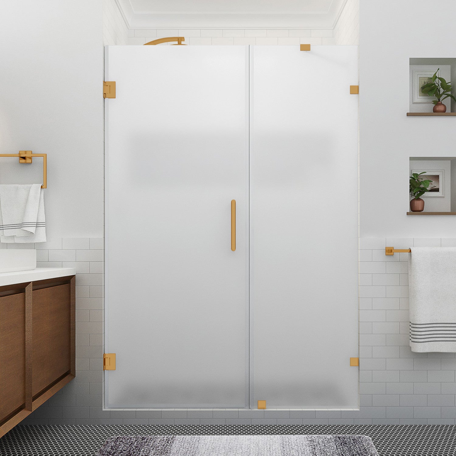 Nautis XL 58.25 in. to 59.25 in. W x 80 in. H Frameless Hinged Shower Door with Ultra-Bright Frosted Glass in Brushed Gold (35 in. Door and 24 in. Fixed Panel) 2