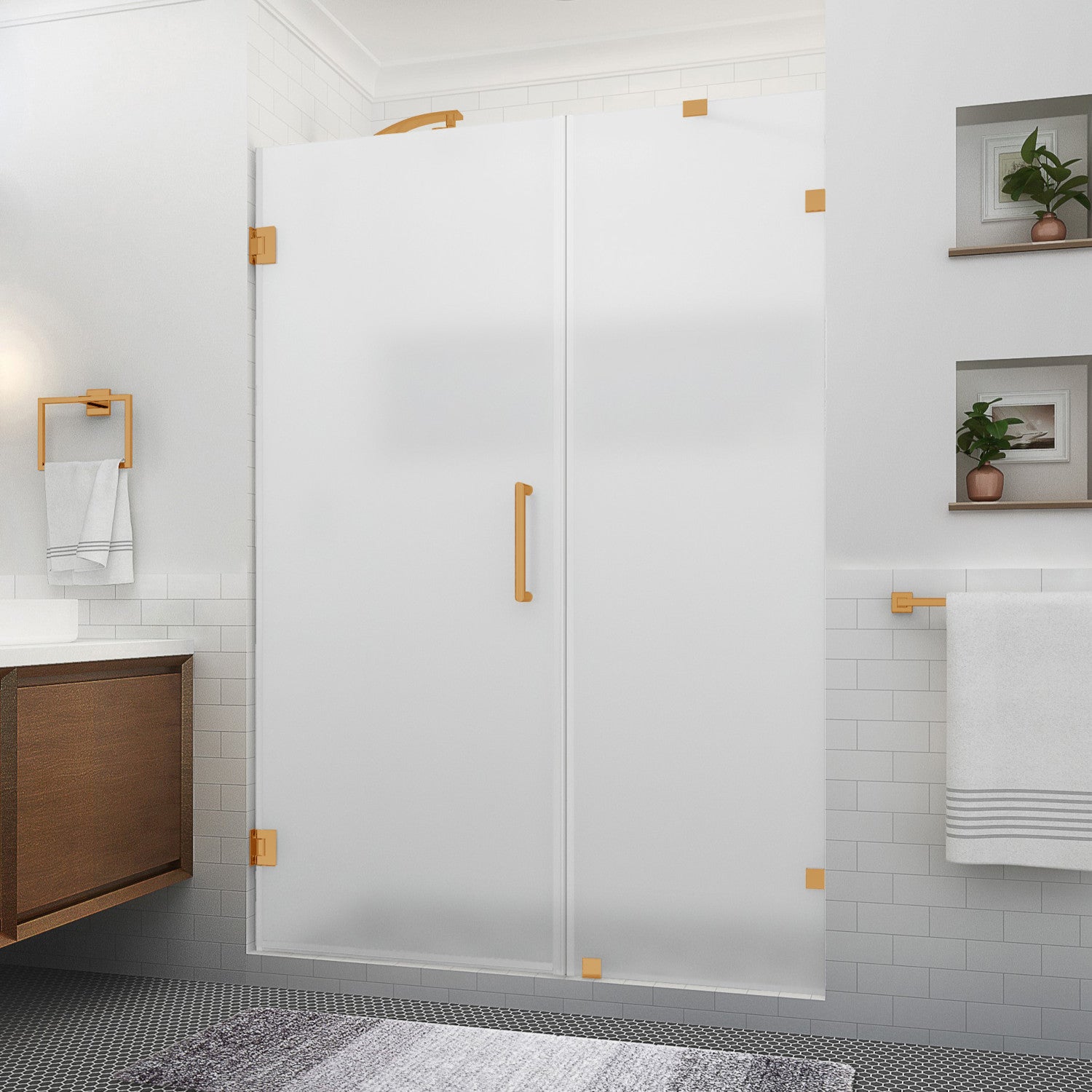 Nautis XL 58.25 in. to 59.25 in. W x 80 in. H Frameless Hinged Shower Door with Ultra-Bright Frosted Glass in Brushed Gold 1