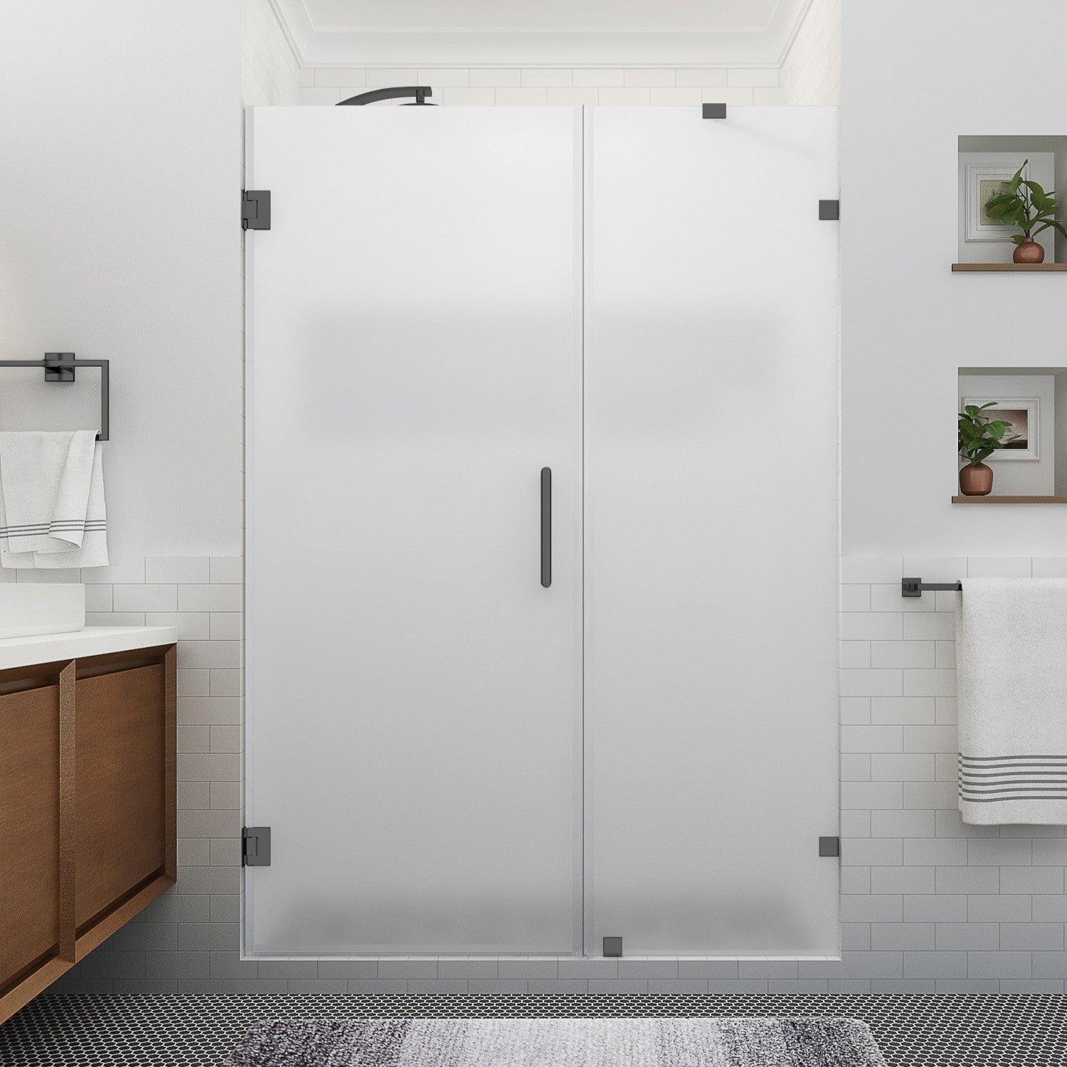 Nautis XL 61.25 in. to 62.25 in. W x 80 in. H Frameless Hinged Shower Door with Ultra-Bright Frosted Glass in Matte Black (38 in. Door and 24 in. Fixed Panel) 2