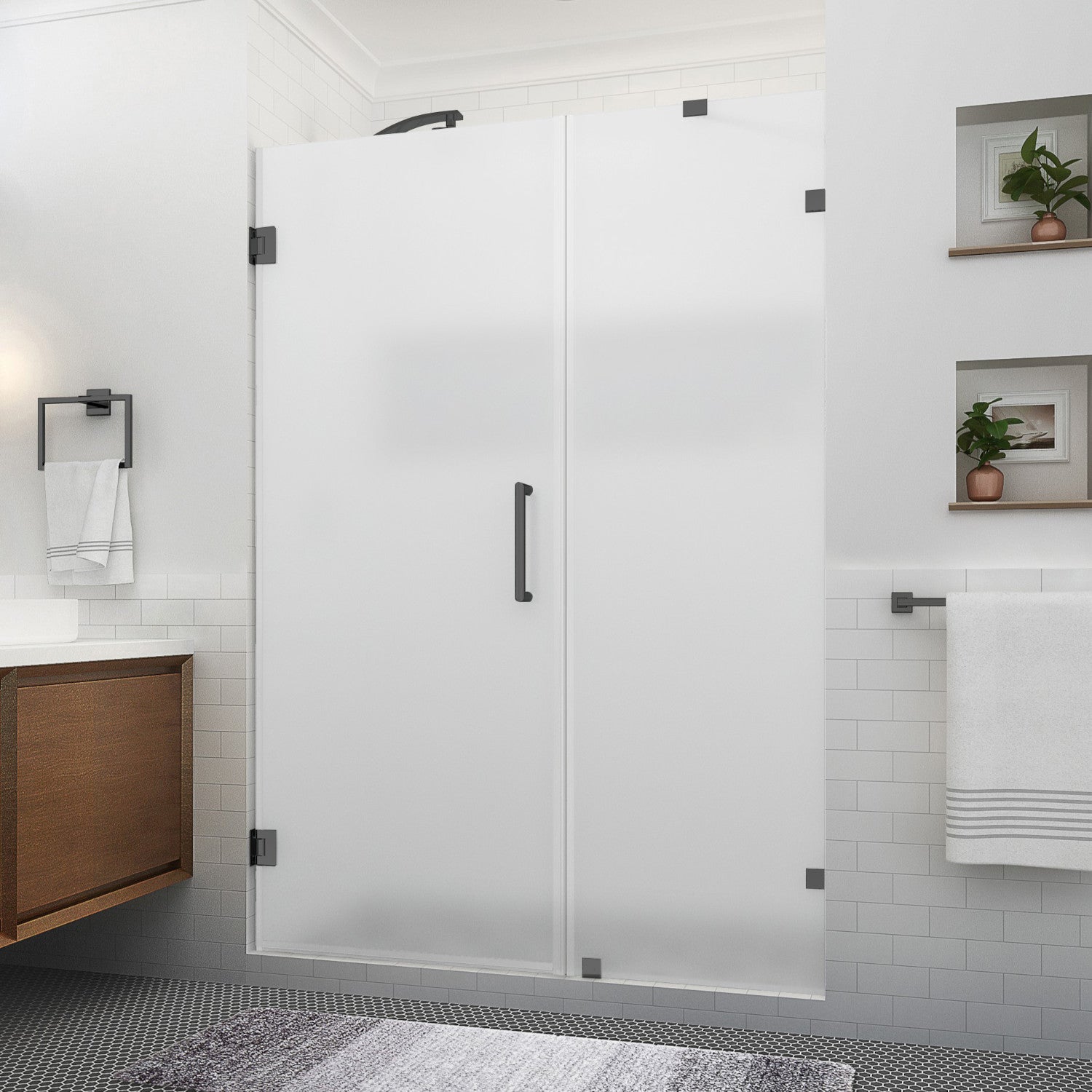 Nautis XL 61.25 in. to 62.25 in. W x 80 in. H Frameless Hinged Shower Door with Ultra-Bright Frosted Glass in Matte Black (38 in. Door and 24 in. Fixed Panel) 1
