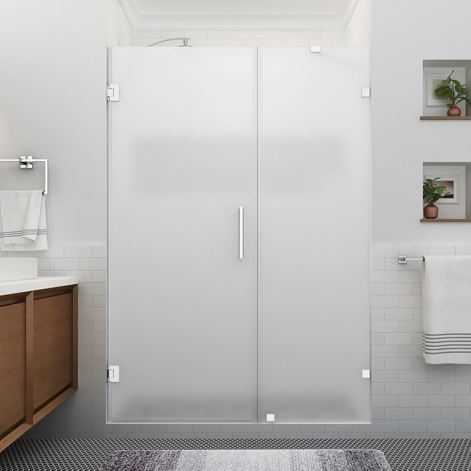 Nautis XL 61.25 in. to 62.25 in. W x 80 in. H Frameless Hinged Shower Door with Ultra-Bright Frosted Glass in Stainless Steel 2