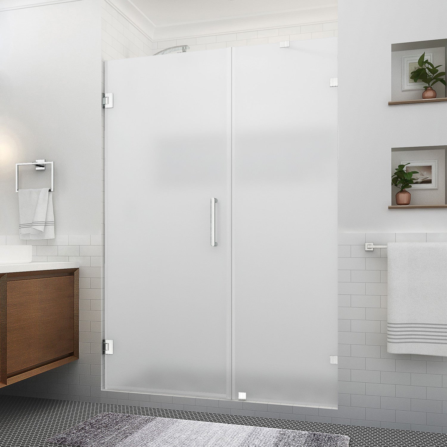 Nautis XL 61.25 in. to 62.25 in. W x 80 in. H Frameless Hinged Shower Door with Ultra-Bright Frosted Glass in Stainless Steel 1