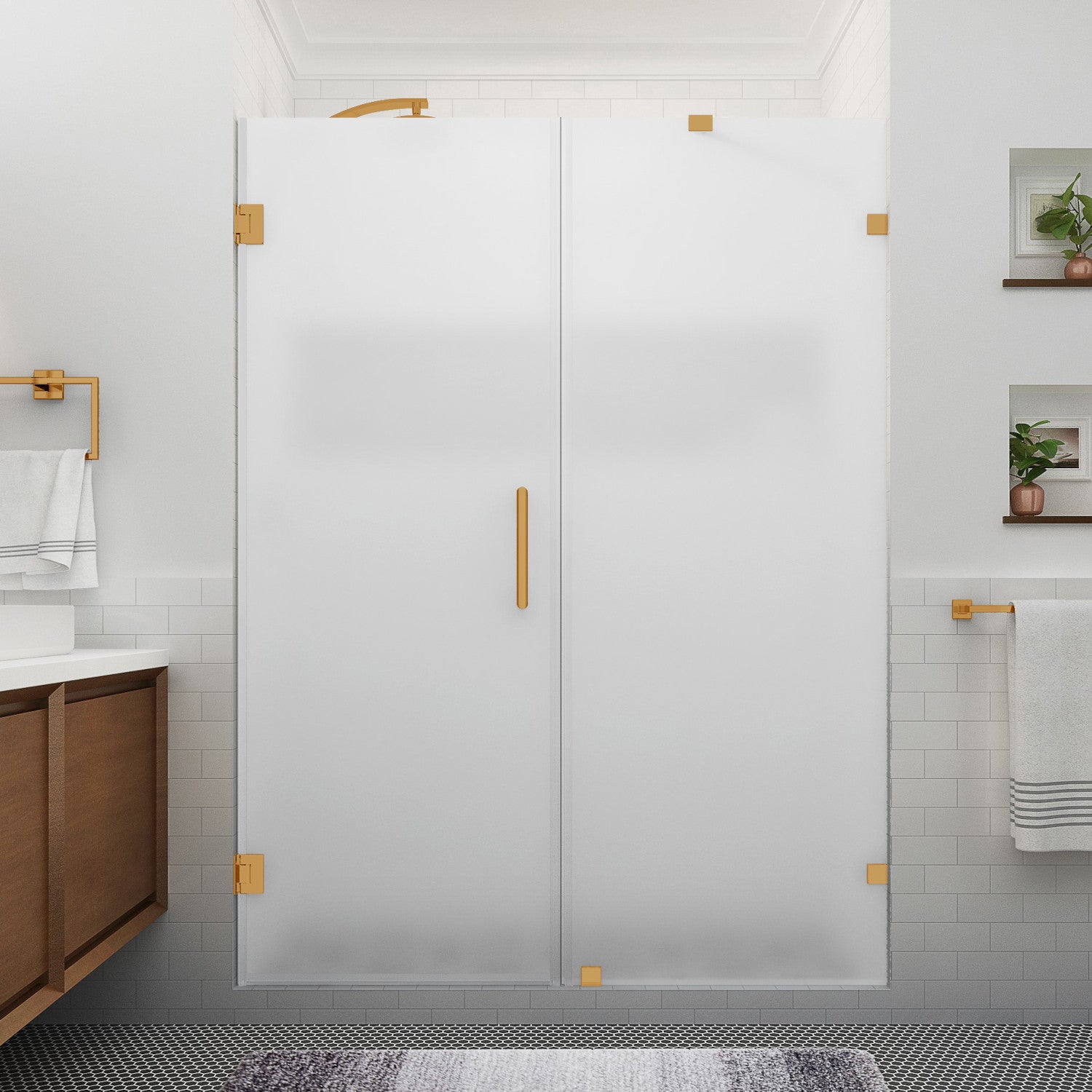 Nautis XL 69.25 in. to 70.25 in. W x 80 in. H Frameless Hinged Shower Door with Ultra-Bright Frosted Glass in Brushed Gold 2