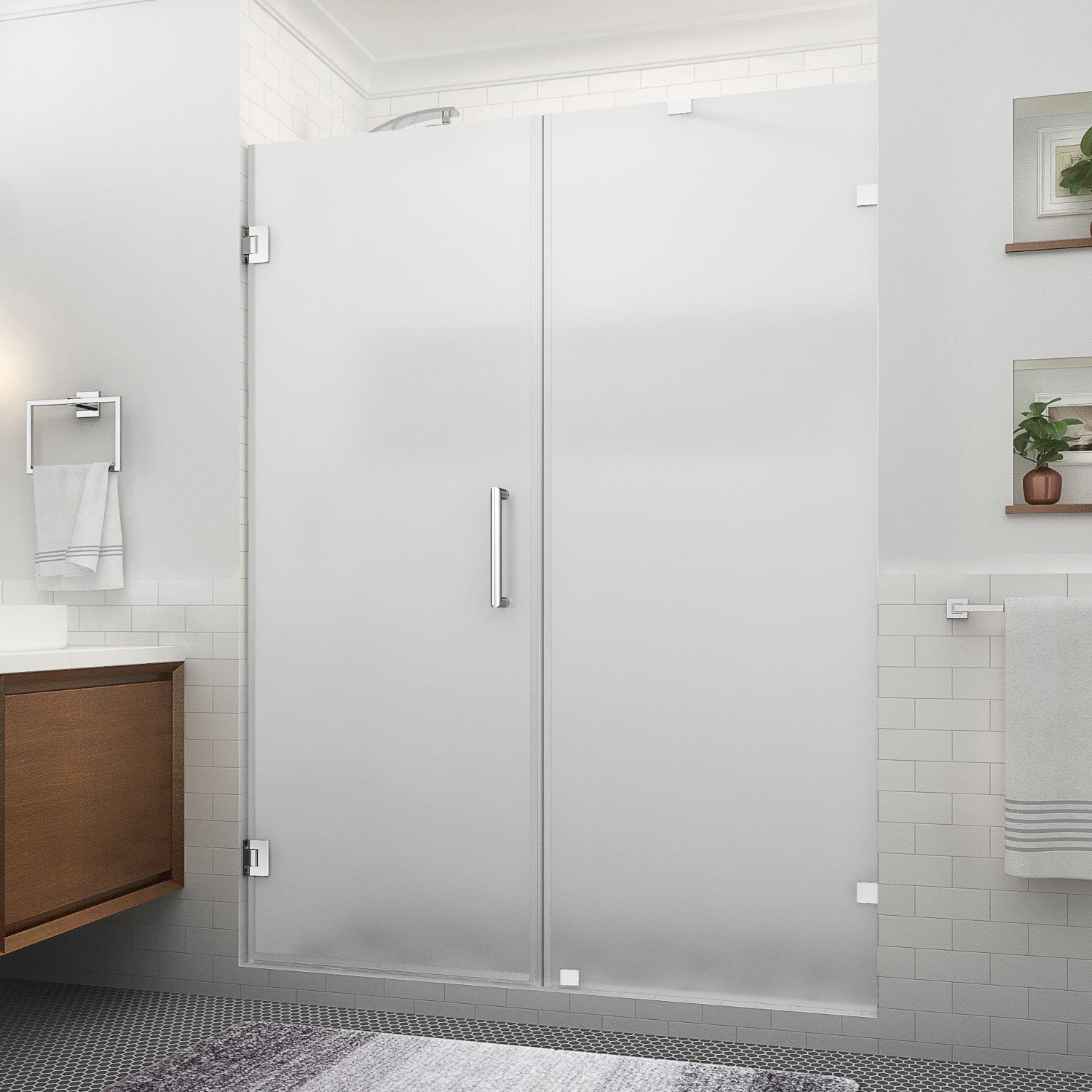 Nautis XL 66.25 in. to 67.25 in. W x 80 in. H Frameless Hinged Shower Door with Ultra-Bright Frosted Glass in Chrome (37 in. Door and 30 in. Fixed Panel) 1