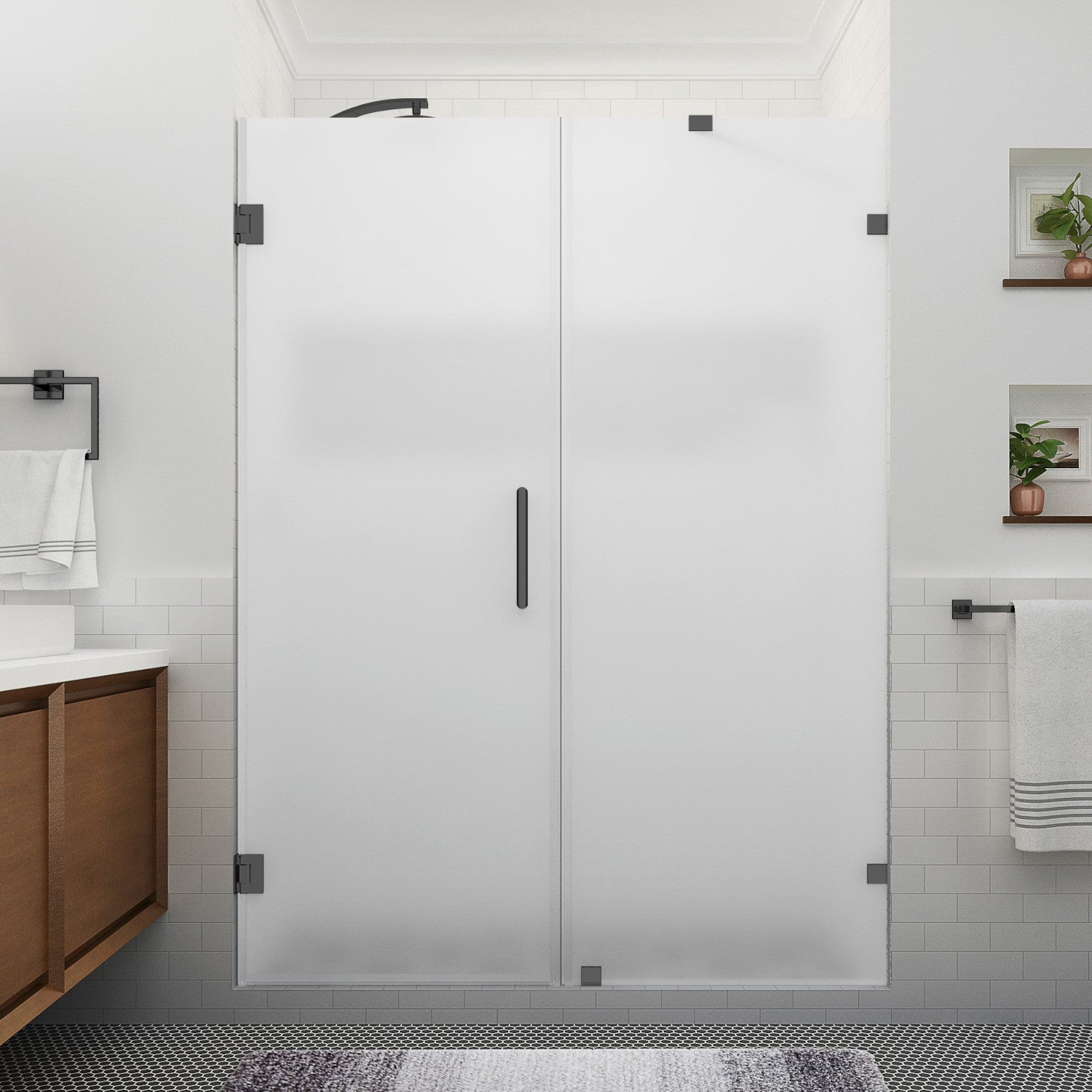 Nautis XL 73.25 in. to 74.25 in. W x 80 in. H Frameless Hinged Shower Door with Ultra-Bright Frosted Glass in Matte Black 2