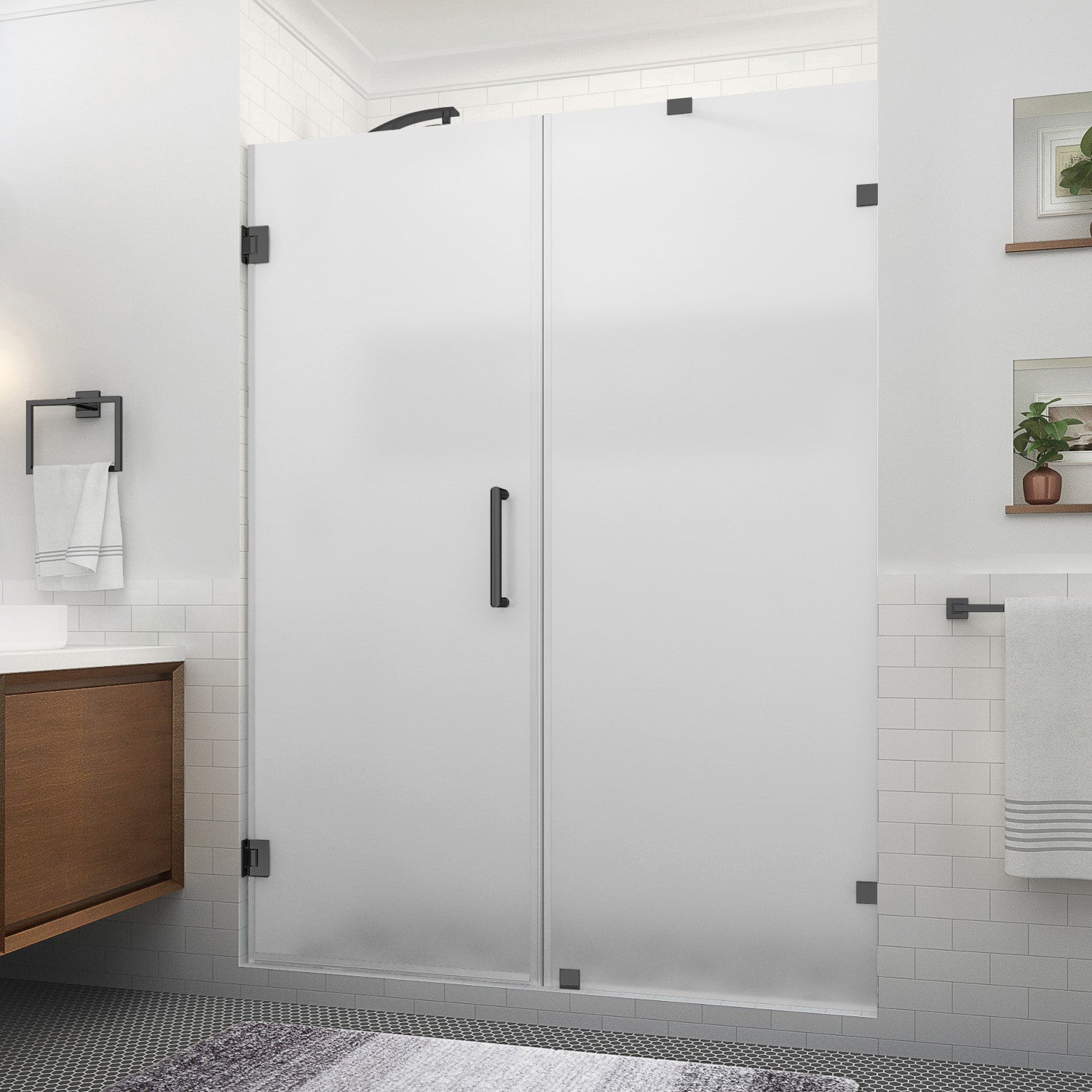Nautis XL 73.25 in. to 74.25 in. W x 80 in. H Frameless Hinged Shower Door with Ultra-Bright Frosted Glass in Matte Black (36 in. Door and 38 in. Fixed Panel) 1