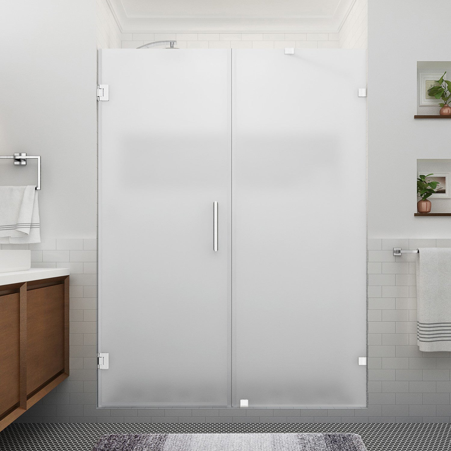 Nautis XL 69.25 in. to 70.25 in. W x 80 in. H Frameless Hinged Shower Door with Ultra-Bright Frosted Glass in Stainless Steel 2