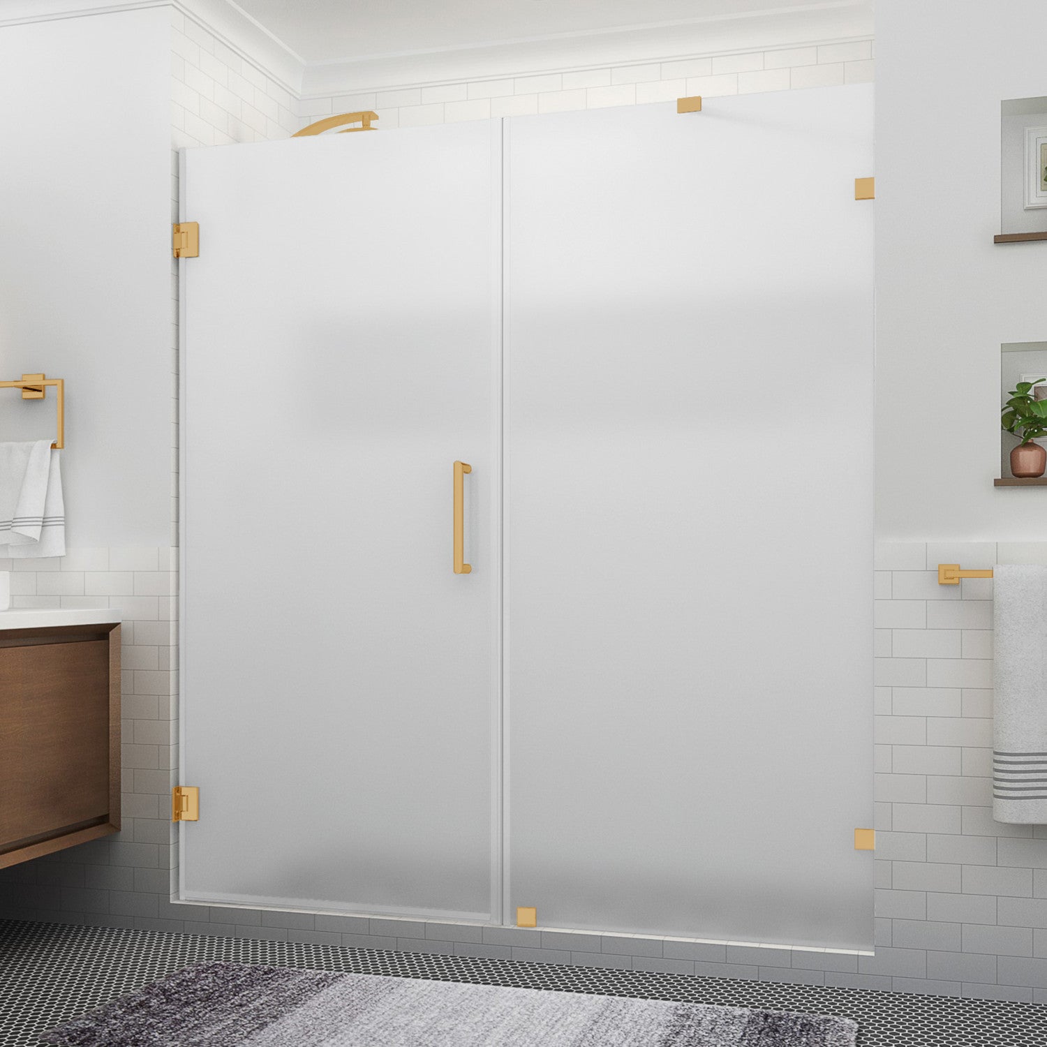 Nautis XL 75.25 in. to 76.25 in. W x 80 in. H Frameless Hinged Shower Door with Ultra-Bright Frosted Glass in Brushed Gold 1