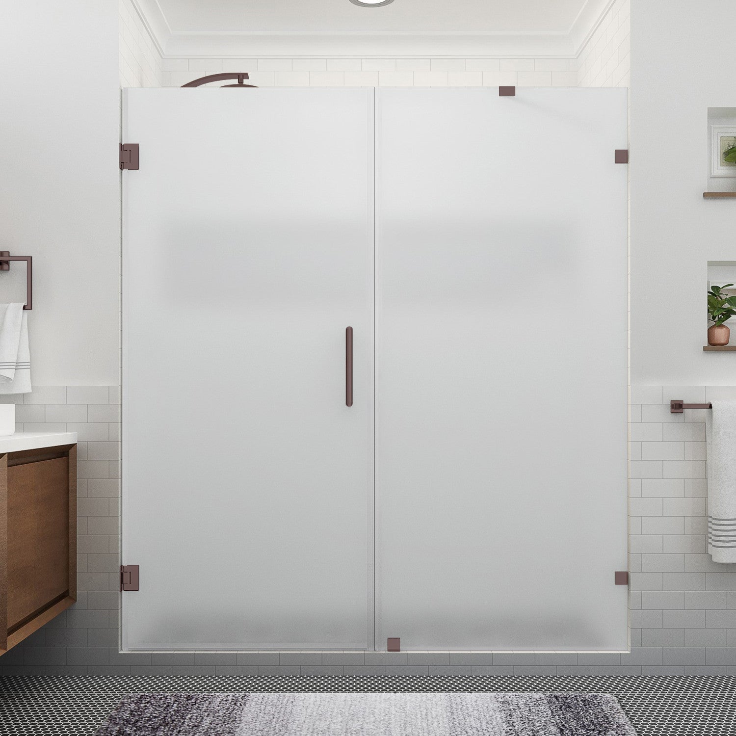 Nautis XL 75.25 in. to 76.25 in. W x 80 in. H Frameless Hinged Shower Door with Ultra-Bright Frosted Glass in Bronze 2