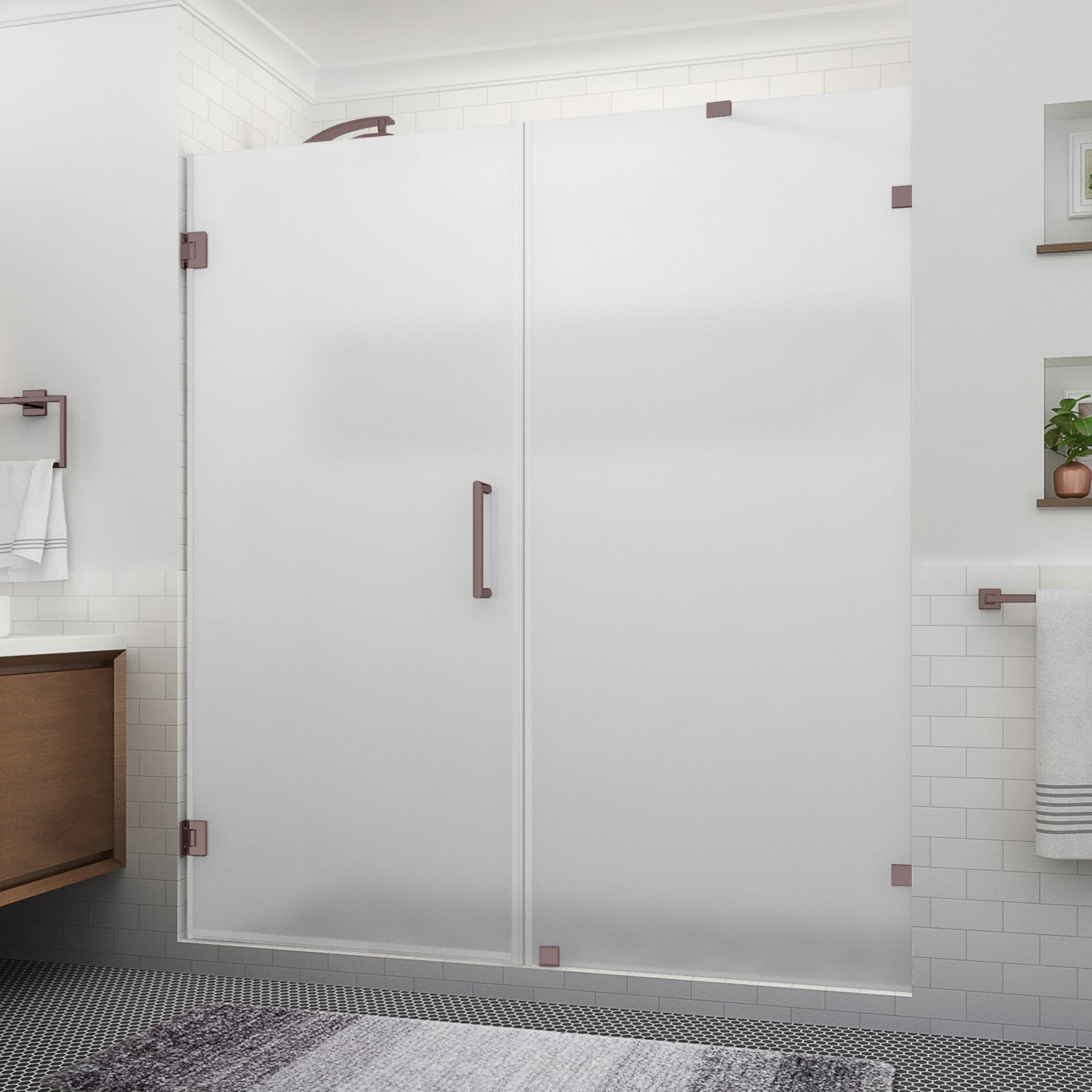 Nautis XL 72.25 in. to 73.25 in. W x 80 in. H Frameless Hinged Shower Door with Ultra-Bright Frosted Glass in Bronze (37 in. Door and 36 in. Fixed Panel) 1