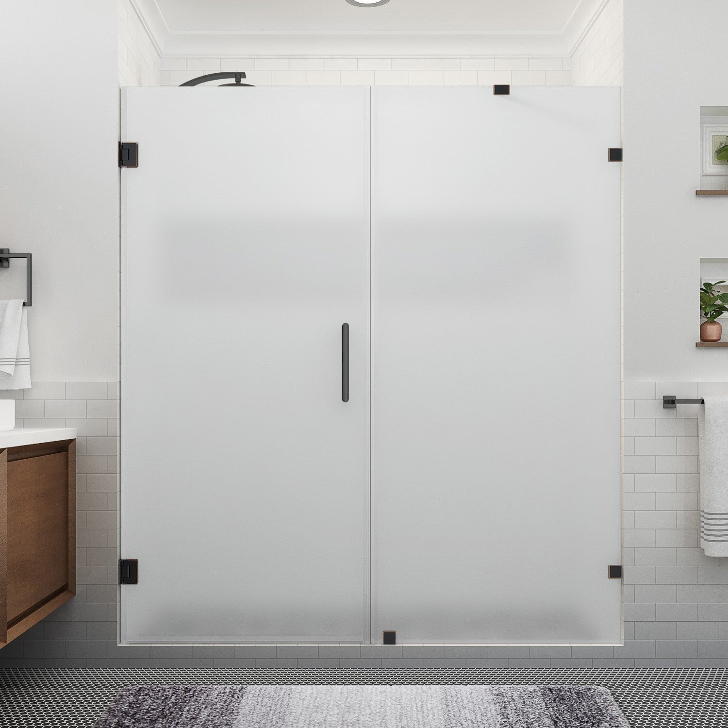 Nautis XL 75.25 in. to 76.25 in. W x 80 in. H Frameless Hinged Shower Door with Ultra-Bright Frosted Glass in Oil Rubbed Bronze (38 in. Door and 38 in. Fixed Panel) 2