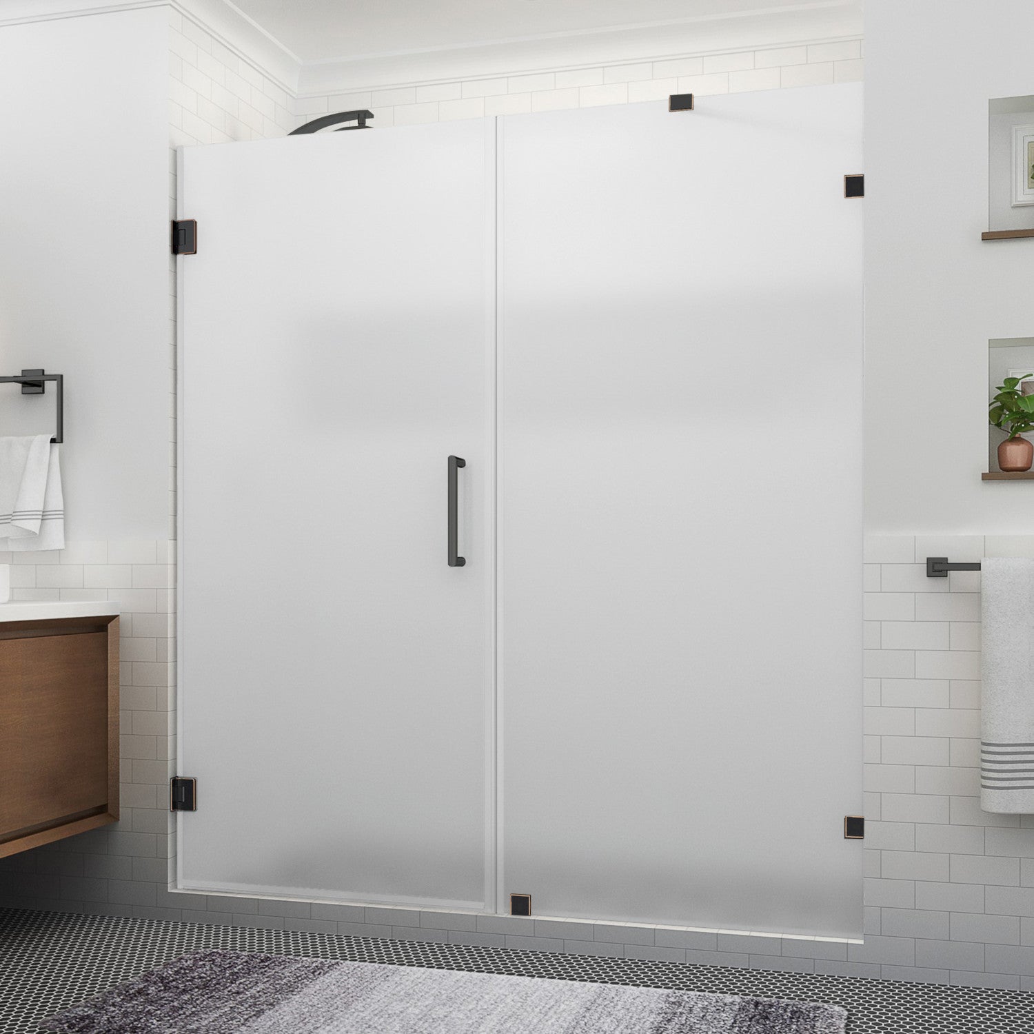 Nautis XL 75.25 in. to 76.25 in. W x 80 in. H Frameless Hinged Shower Door with Ultra-Bright Frosted Glass in Oil Rubbed Bronze (38 in. Door and 38 in. Fixed Panel) 1