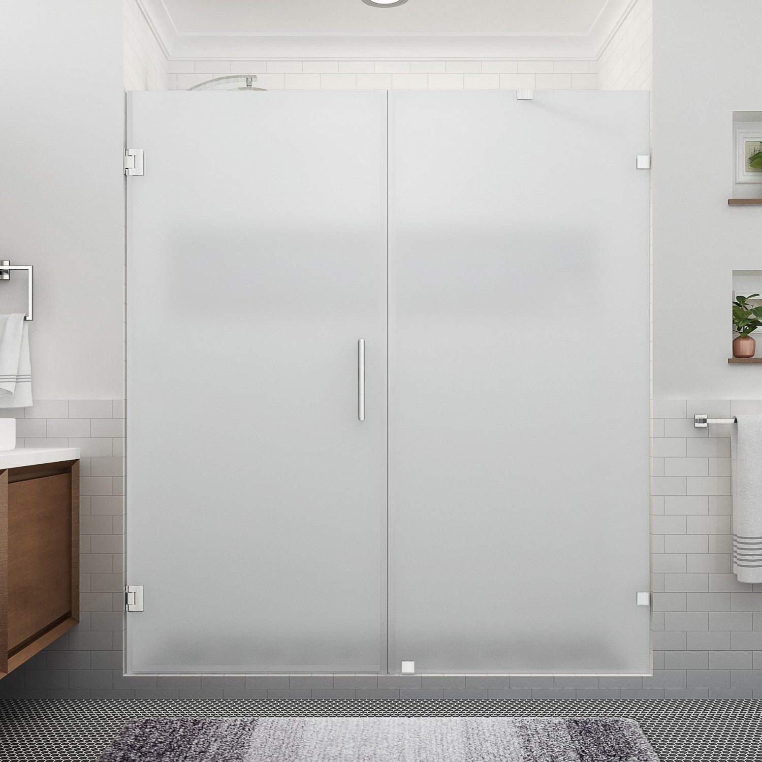 Nautis XL 75.25 in. to 76.25 in. W x 80 in. H Frameless Hinged Shower Door with Ultra-Bright Frosted Glass in Stainless Steel 2