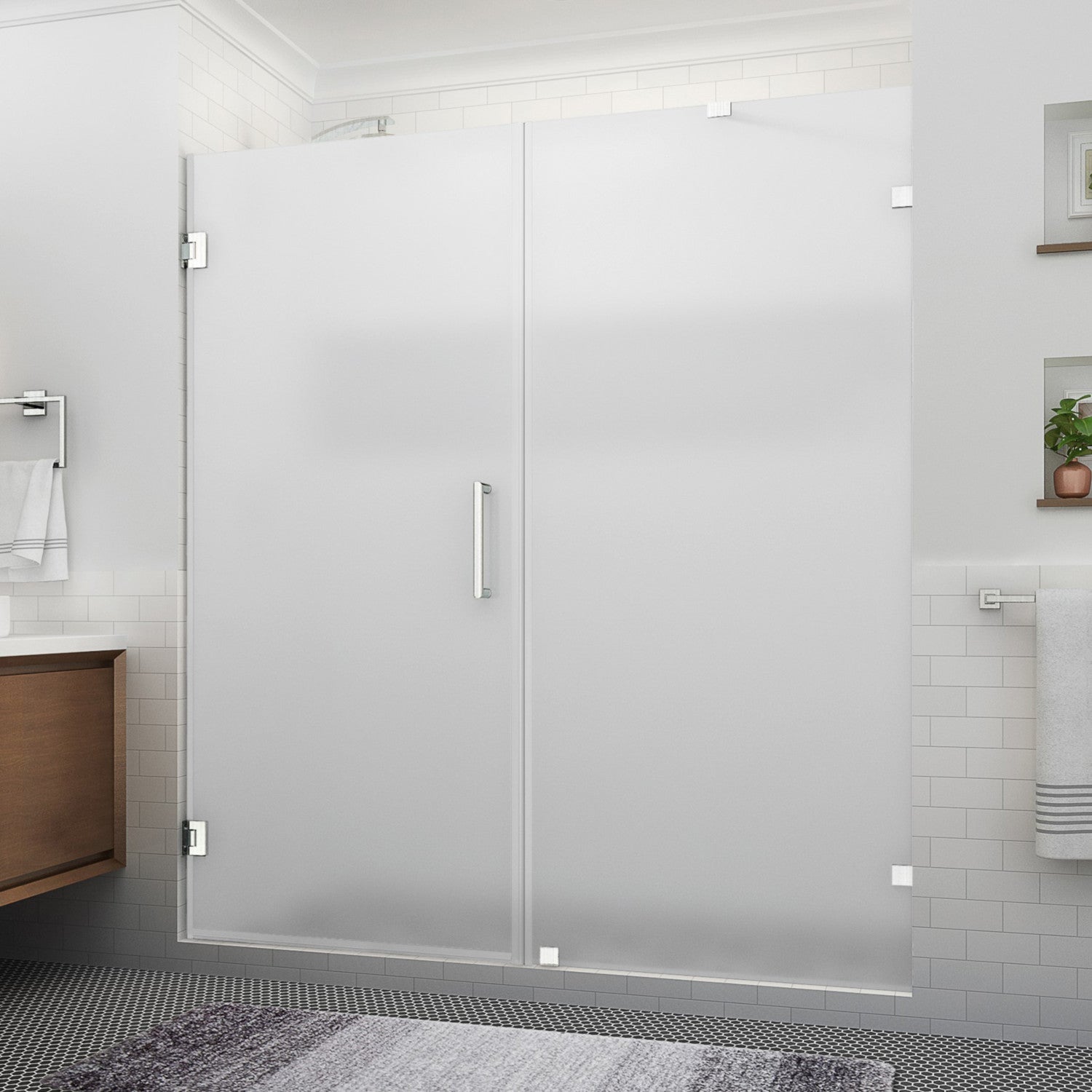 Nautis XL 70.25 in. to 71.25 in. W x 80 in. H Frameless Hinged Shower Door with Ultra-Bright Frosted Glass in Stainless Steel (37 in. Door and 34 in. Fixed Panel) 1