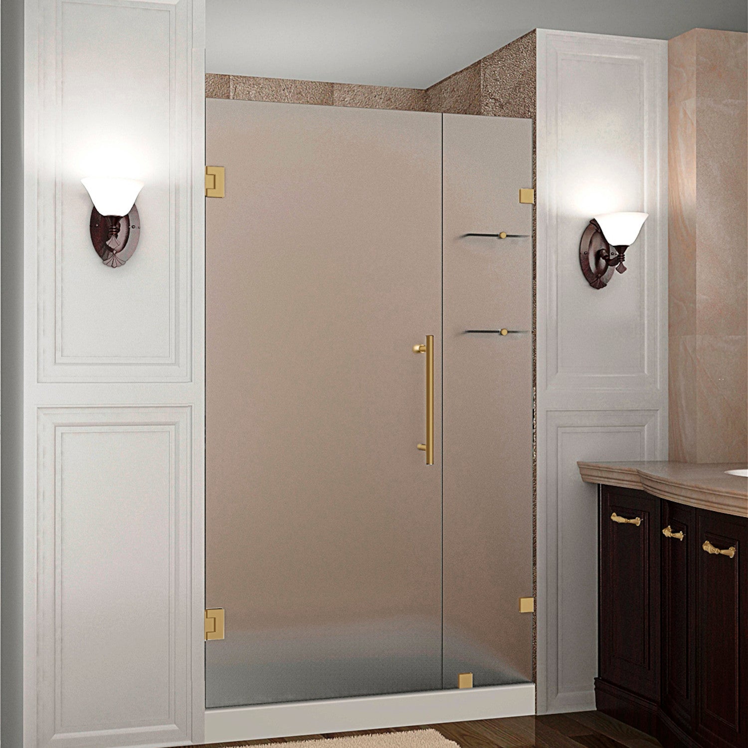Nautis GS 53.25 in. to 54.25 in. W x 72 in. H Frameless Hinged Shower Door with Frosted Glass and Glass Shelves in Brushed Gold 1