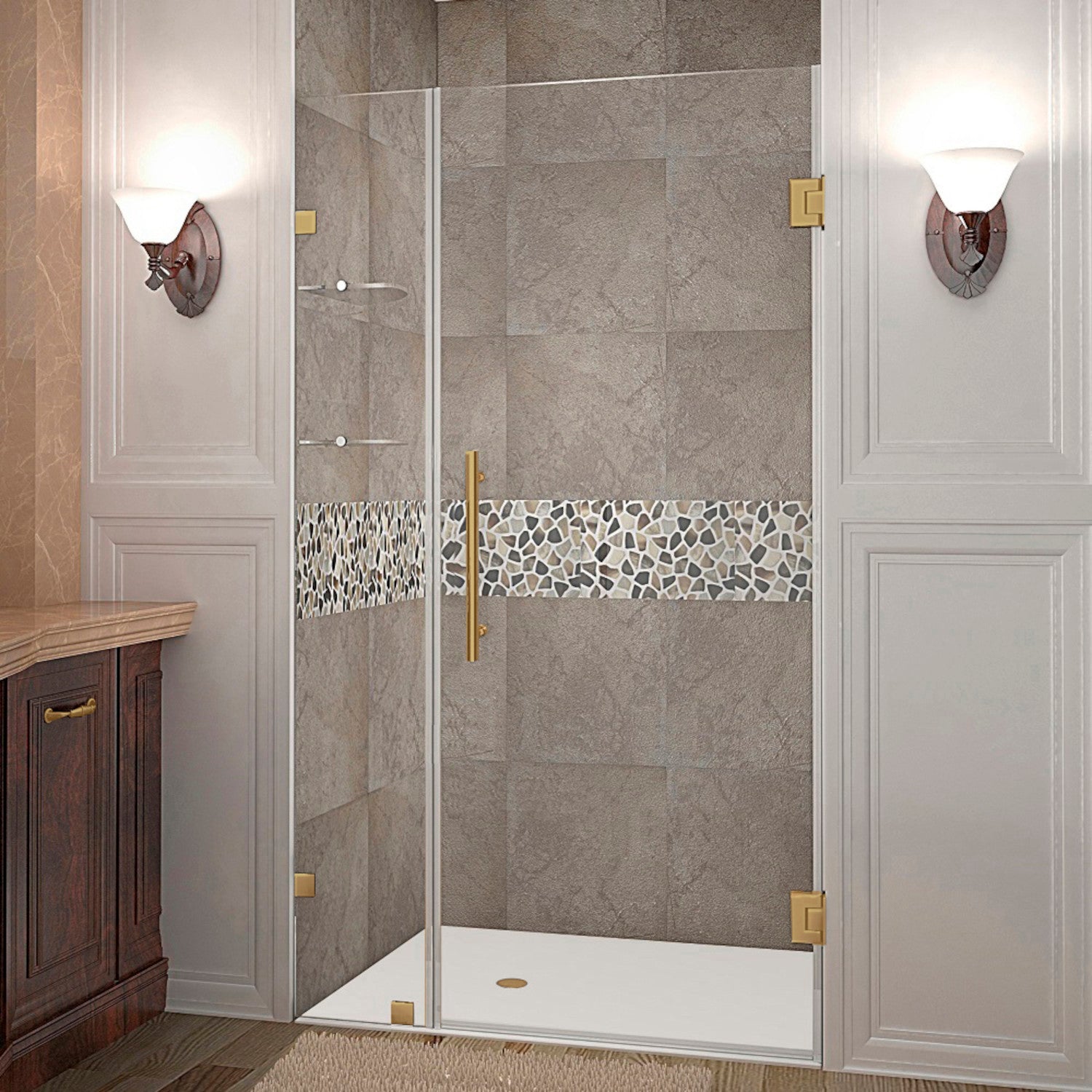 Nautis GS 51.25 in. to 52.25 in. W x 72 in. H Frameless Hinged Shower Door with Clear Glass and Glass Shelves in Brushed Gold 1