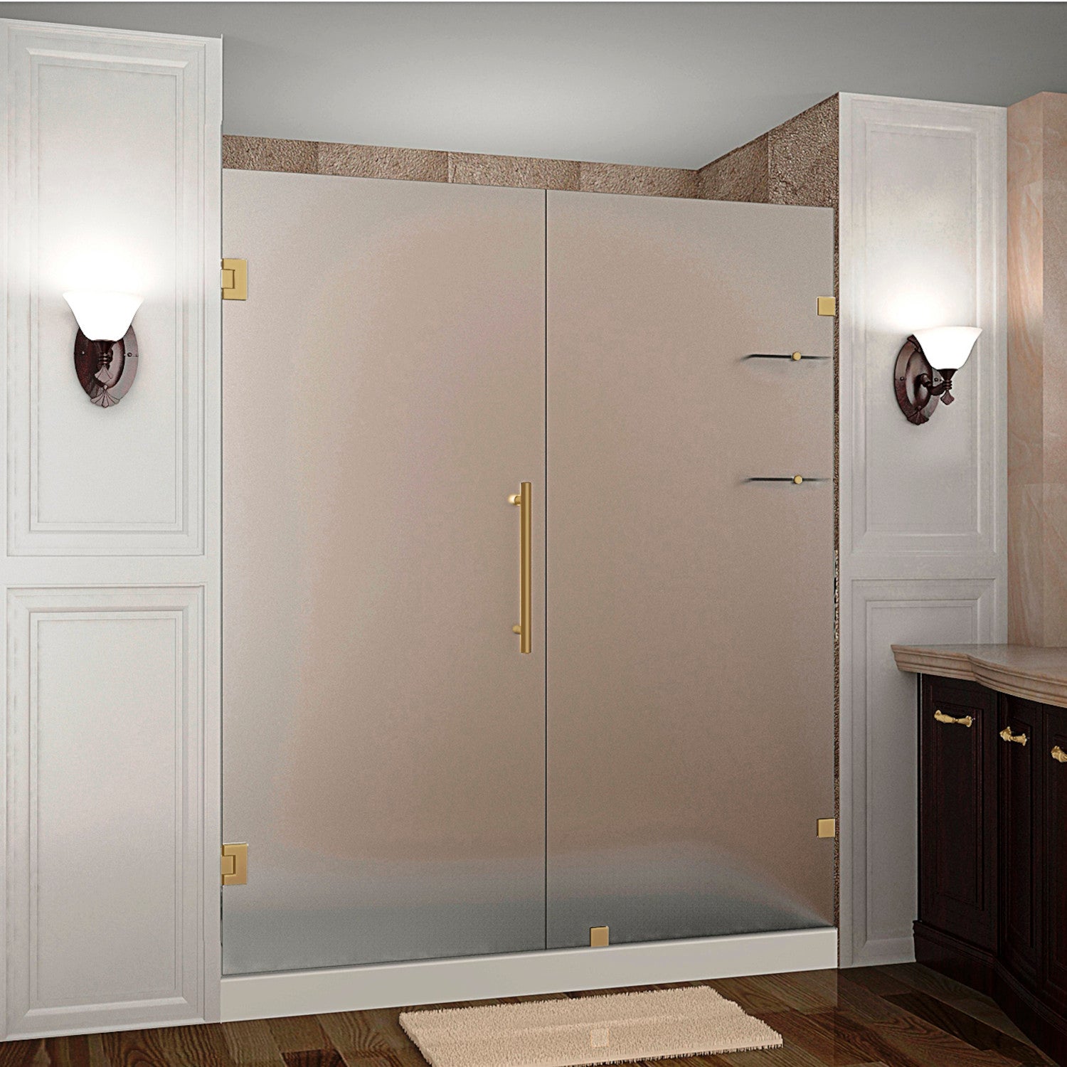 Nautis GS 64.25 in. to 65.25 in. W x 72 in. H Frameless Hinged Shower Door with Frosted Glass and Glass Shelves in Brushed Gold 1