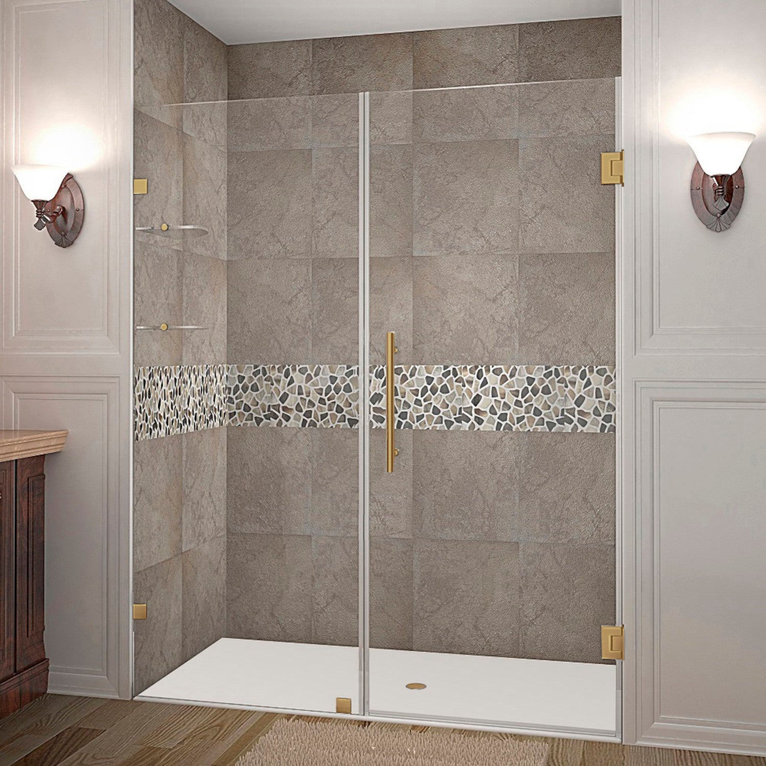 Nautis GS 69.25 in. to 70.25 in. W x 72 in. H Frameless Hinged Shower Door with Clear Glass and Glass Shelves in Brushed Gold 1