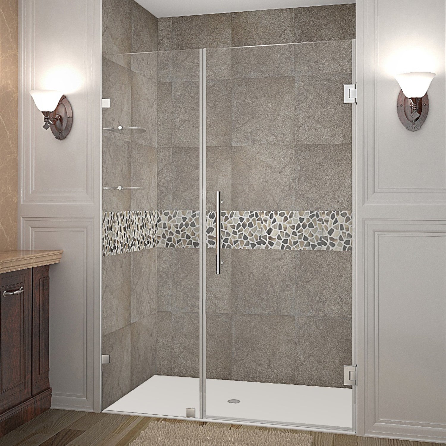 Nautis GS 47.25 in. to 48.25 in. W x 72 in. H Frameless Hinged Shower Door with Clear Glass and Glass Shelves in Chrome 1