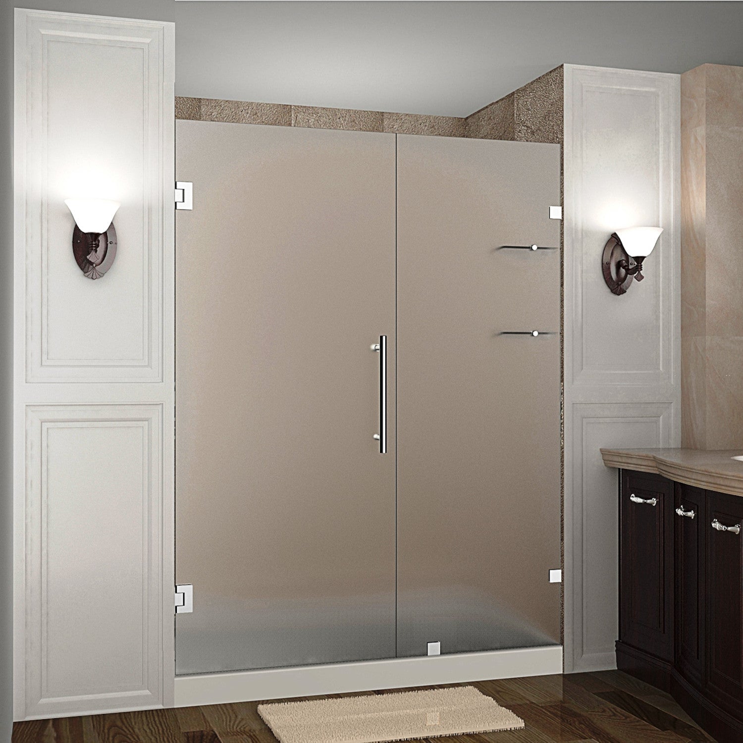 Nautis GS 73.25 in. to 74.25 in. W x 72 in. H Frameless Hinged Shower Door with Frosted Glass and Glass Shelves in Chrome 1