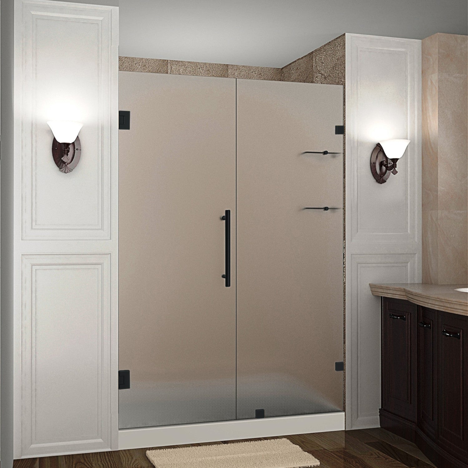 Nautis GS 71.25 in. to 72.25 in. W x 72 in. H Frameless Hinged Shower Door with Frosted Glass and Glass Shelves in Matte Black 1