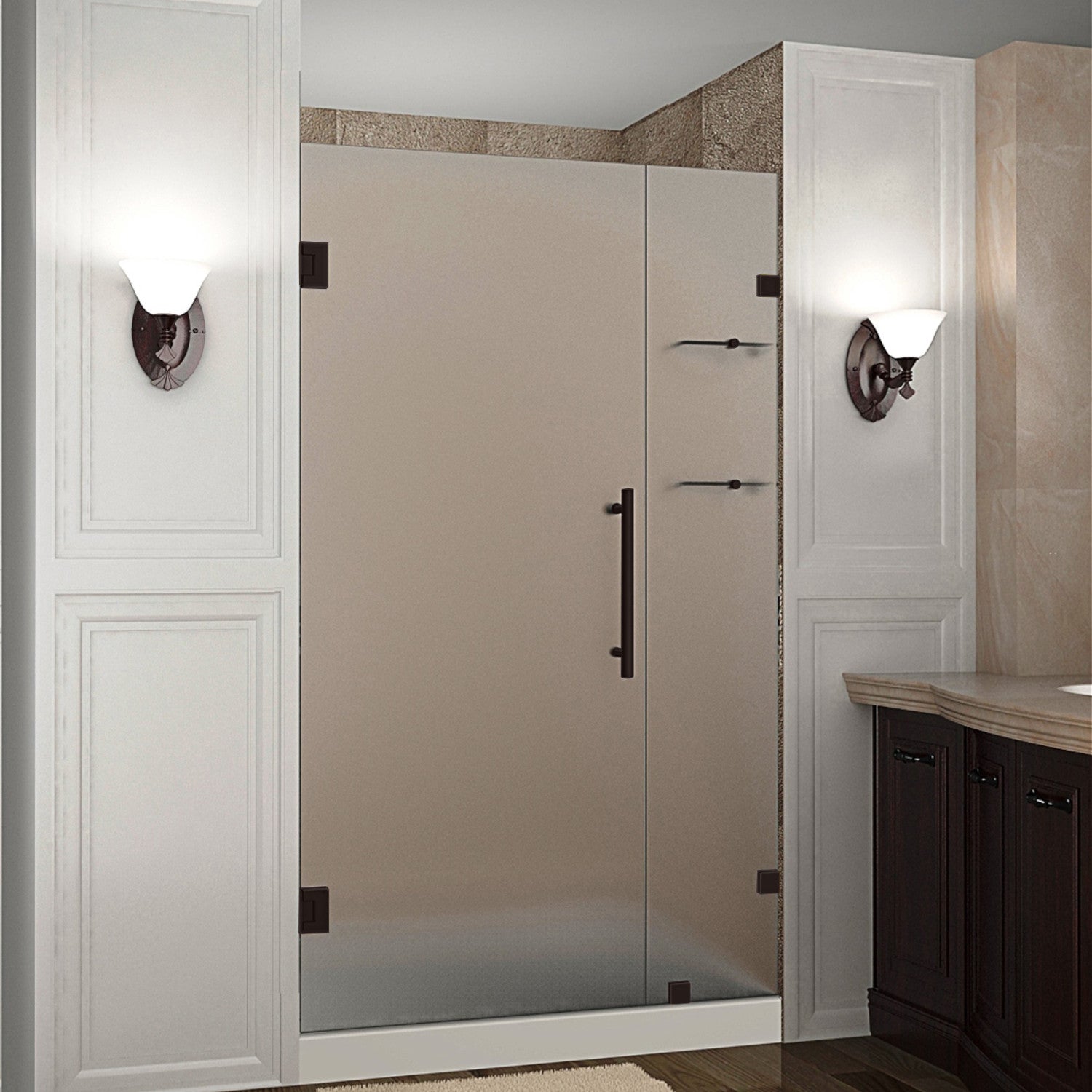 Nautis GS 47.25 in. to 48.25 in. W x 72 in. H Frameless Hinged Shower Door with Frosted Glass and Glass Shelves in Bronze 1